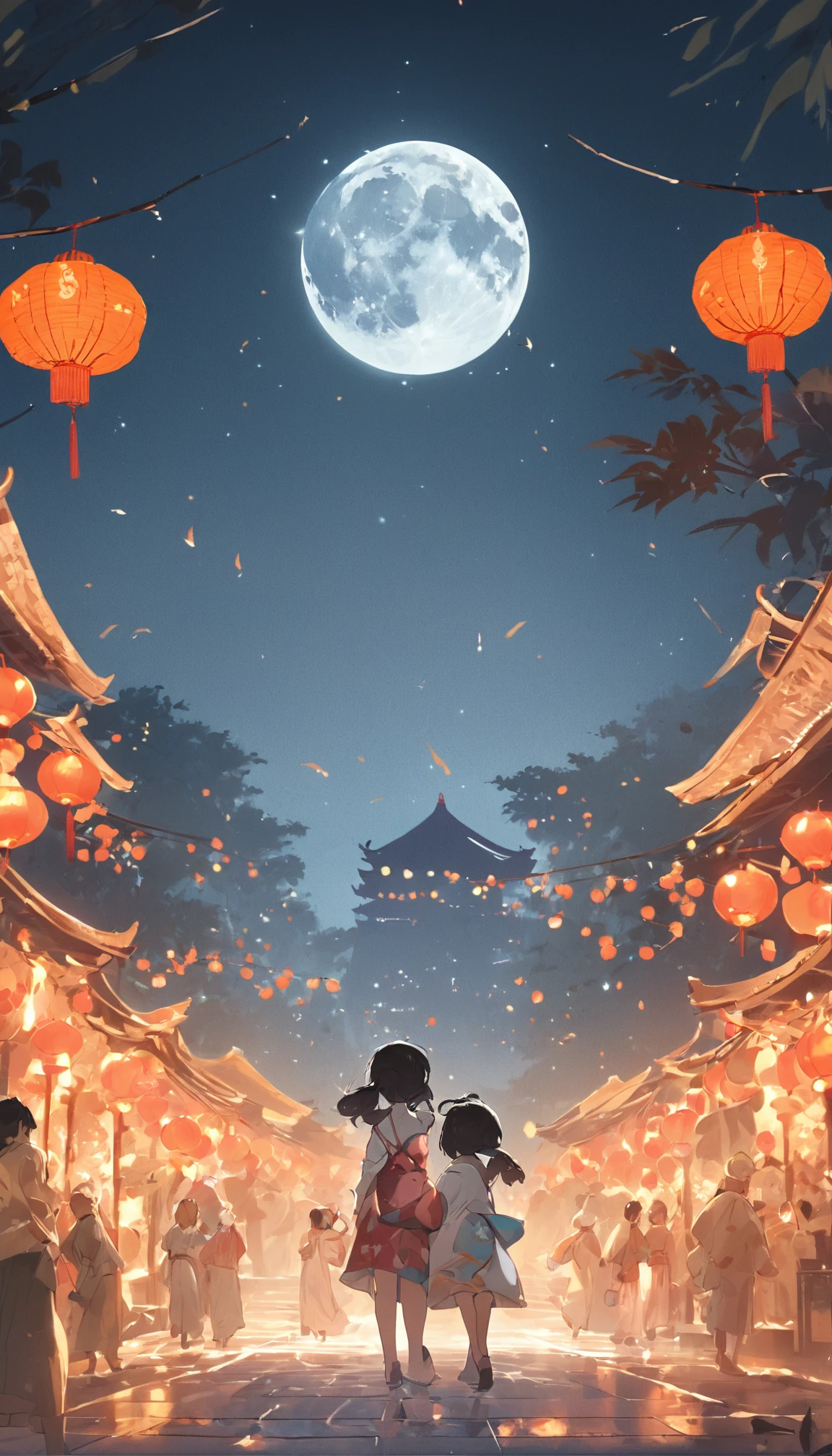 Mid-Autumn Festival、Full moon、Two pandas stand and run to the camera，themoon，As estrelas，Mooncake stalls、The lights will be lit、fire works、tradit、celebrating、enviroment、Plaza、Bamboo lanterns、the night、celebrating、Artistically、device、decor、resource，high definition resolution