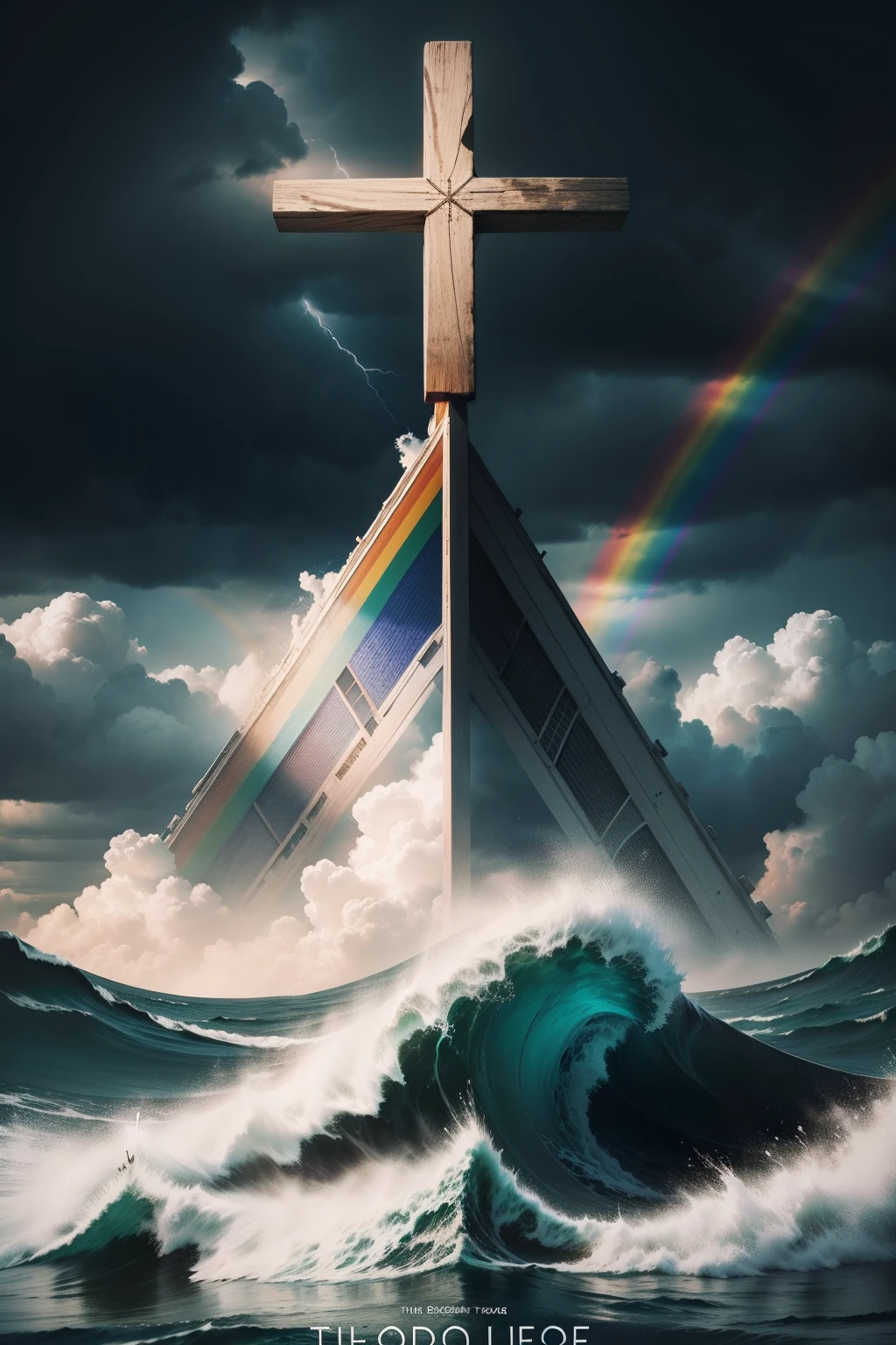 Christian evangelistic poster,The theme is peace,There is a cross background,Multi-layer diagram,The first floor is full of storms and waves,The first floor is a rainbow