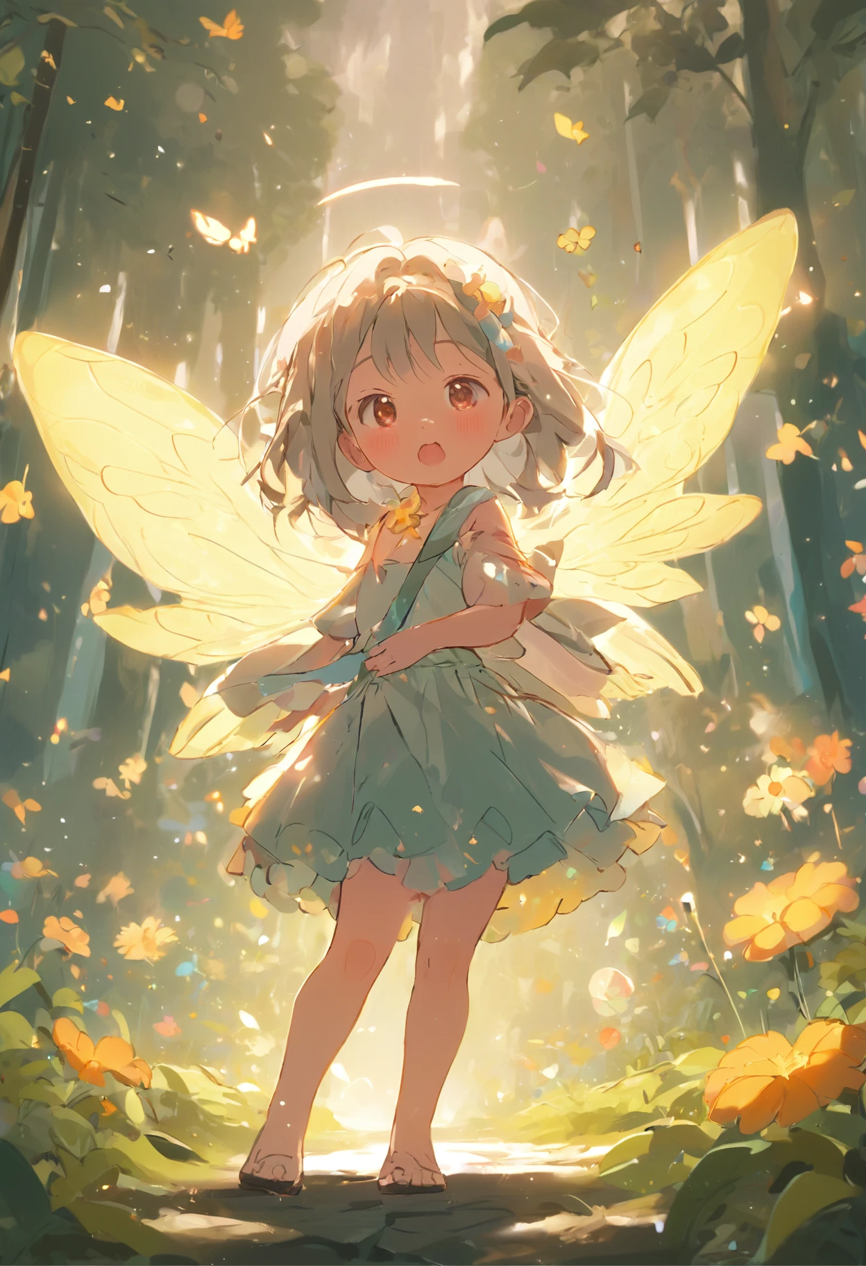 ln the forest,night moon,Mini cute 3 flower fairy, Chubby toot,Skirt made of petals,Huge flowers,Colorful colorful,Transparent colorful wings, Magic wand,closeup cleavage,Light attenuation,Glow effects,depth of fields,high light,Real light,Ray traching,oc rendered,Hyper-realistic,best qualtiy,8K,Works of masters,super-fine,Detailed pubic hair,Correct anatomy,sharp focus on eyes,Bokeh,Facial features are carefully depicted,in style of hayao miyazaki,Miyazaki animation style