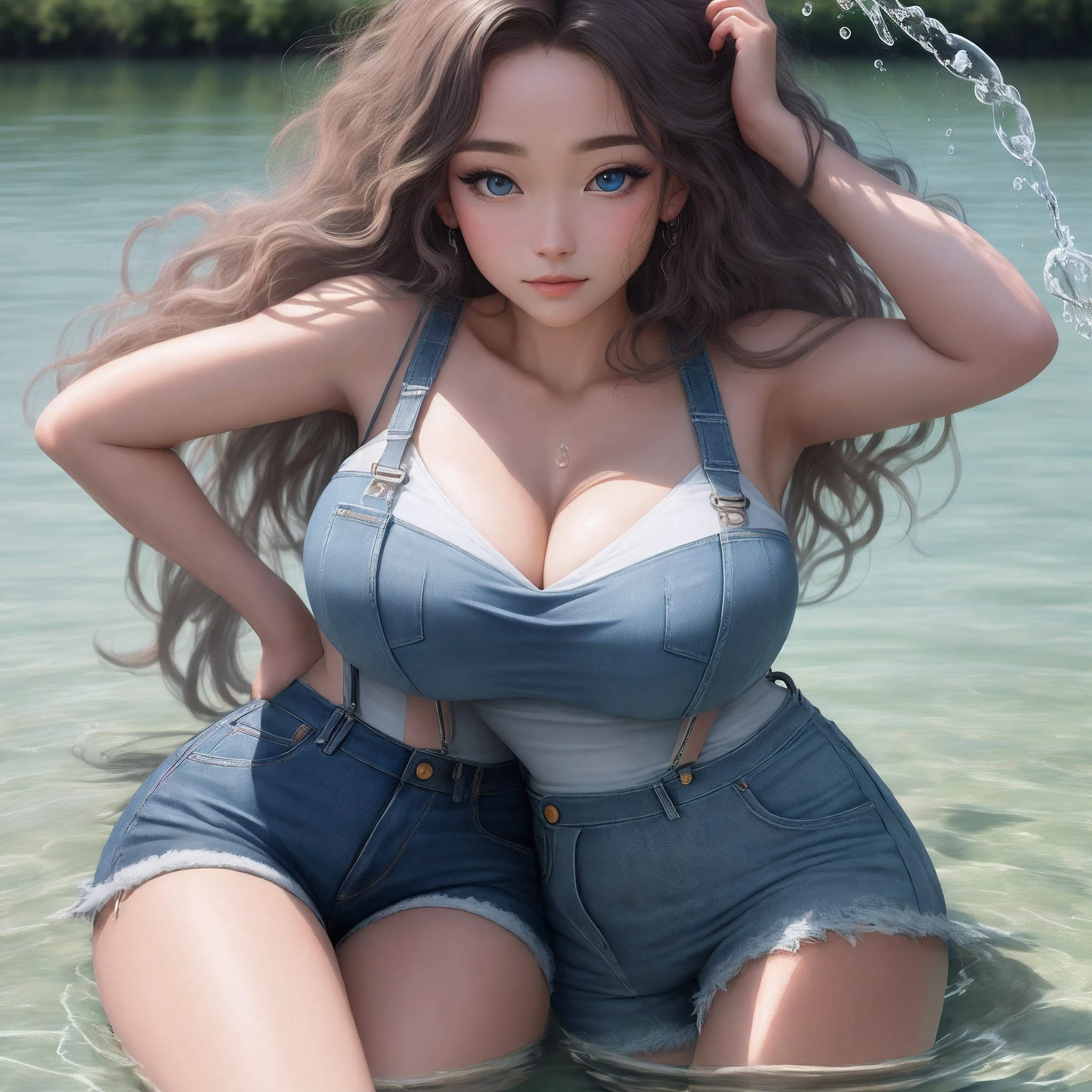 best qualtiy,tmasterpiece,Large breasts,二重まぶた,largeeyes,Beautuful Women,Beautiful eyes,bshoulders,with fair skin,White suspenders,denim short,Incredibly ultra-detailed,stunningly realistic,sentado em frente a um lago,best qualtiy,tmasterpiece,Dark light,cabelos preto e longos,Similar to a live-action videography,Look at the audience tenderly,Water droplets on the hair
