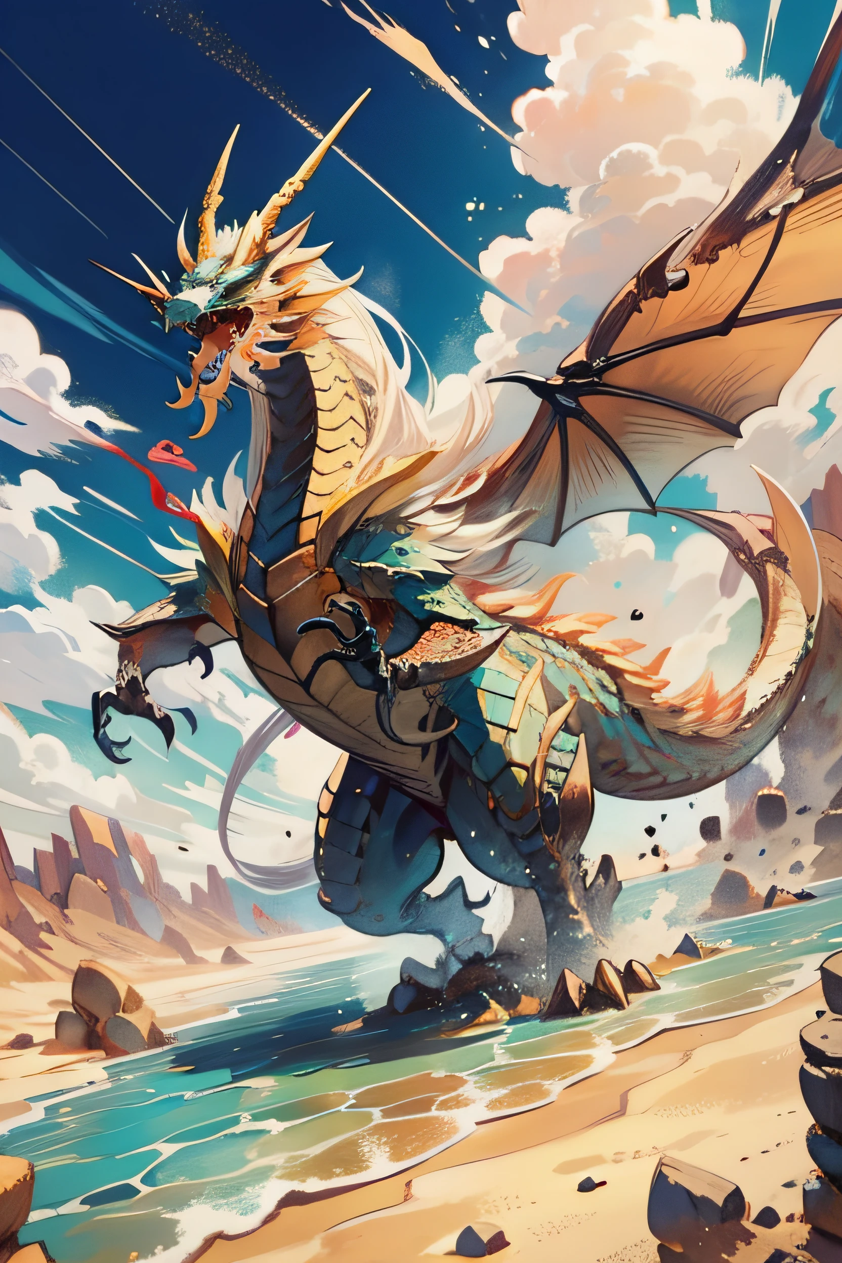 En un desierto remoto, vive un wyvern de desierto. Es un wyvern grande y poderoso, with brown scales that melt with the sand. Sus alas son grandes y musculosas, y su cola es larga y puntiaguda. His eyes are a deep amber color, y su mirada es penetrante. El wyvern de desierto pasa su tiempo vagando por el desierto, cazando a sus presas y protegiendo su territorio. Es un wyvern feroz y territorial, and will not hesitate to attack any intruder. El ecosistema del desierto es un lugar duro y peligroso, But the desert wyvern is perfectly adapted to it. Sus escamas le protegen del sol abrasador, y sus alas le permiten volar sobre las altas dunas de arena.