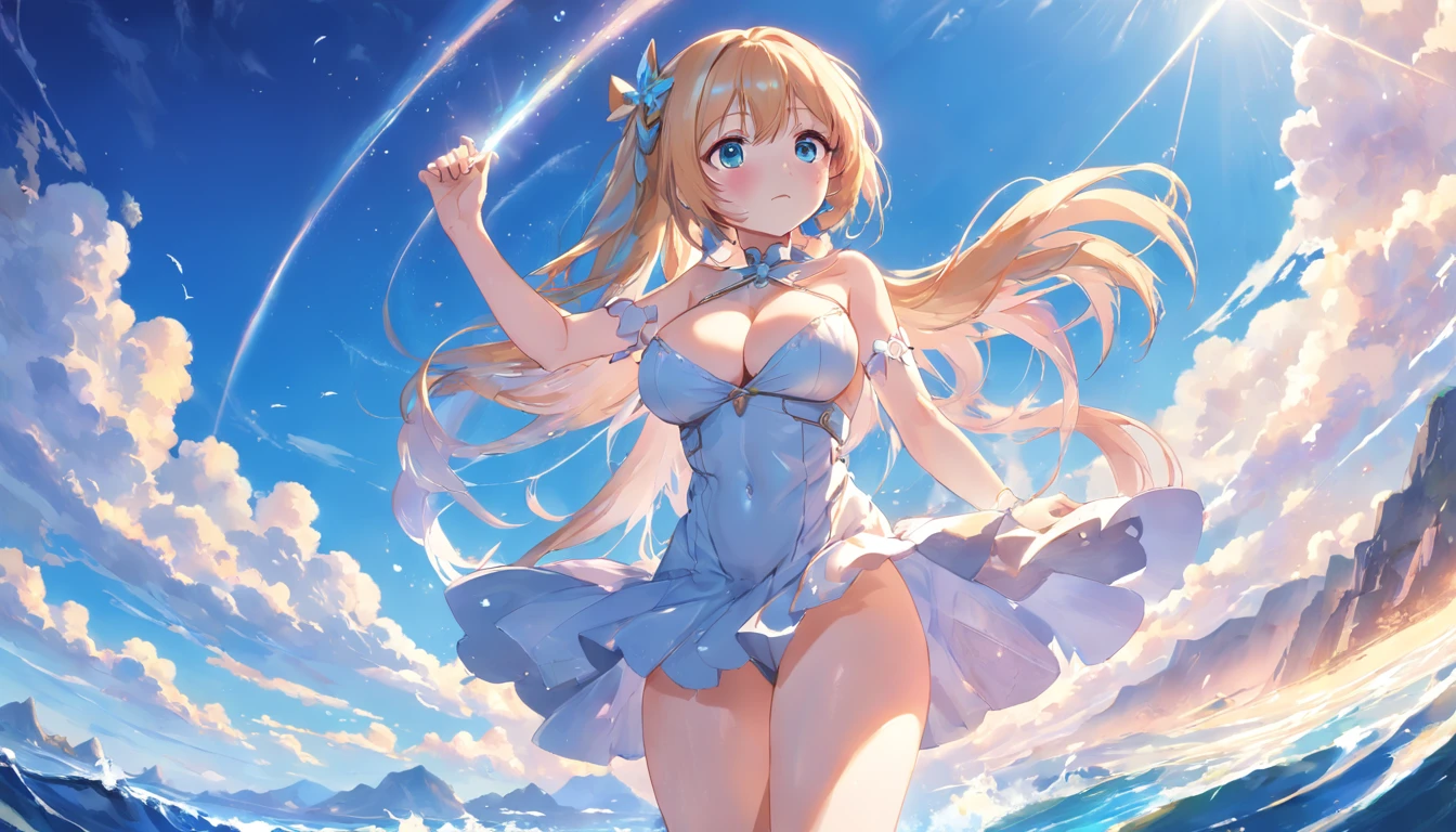 anime big breast、author：Shinkai sincerely、Faraway view、Landscapes、vanishing point、Outrageous resolution、A high resolution、ultra - detailed、The upper part shows a clean sky、Below is the sea、Bright atmosphere、fanciful、magia、Mare、In the daytime、Clean blue sky、The sun shines、prisms、beautiful light up、Bright lighting、Soft lighting、Many shining magic lights、iridescent  lights、(Spark:0.7)