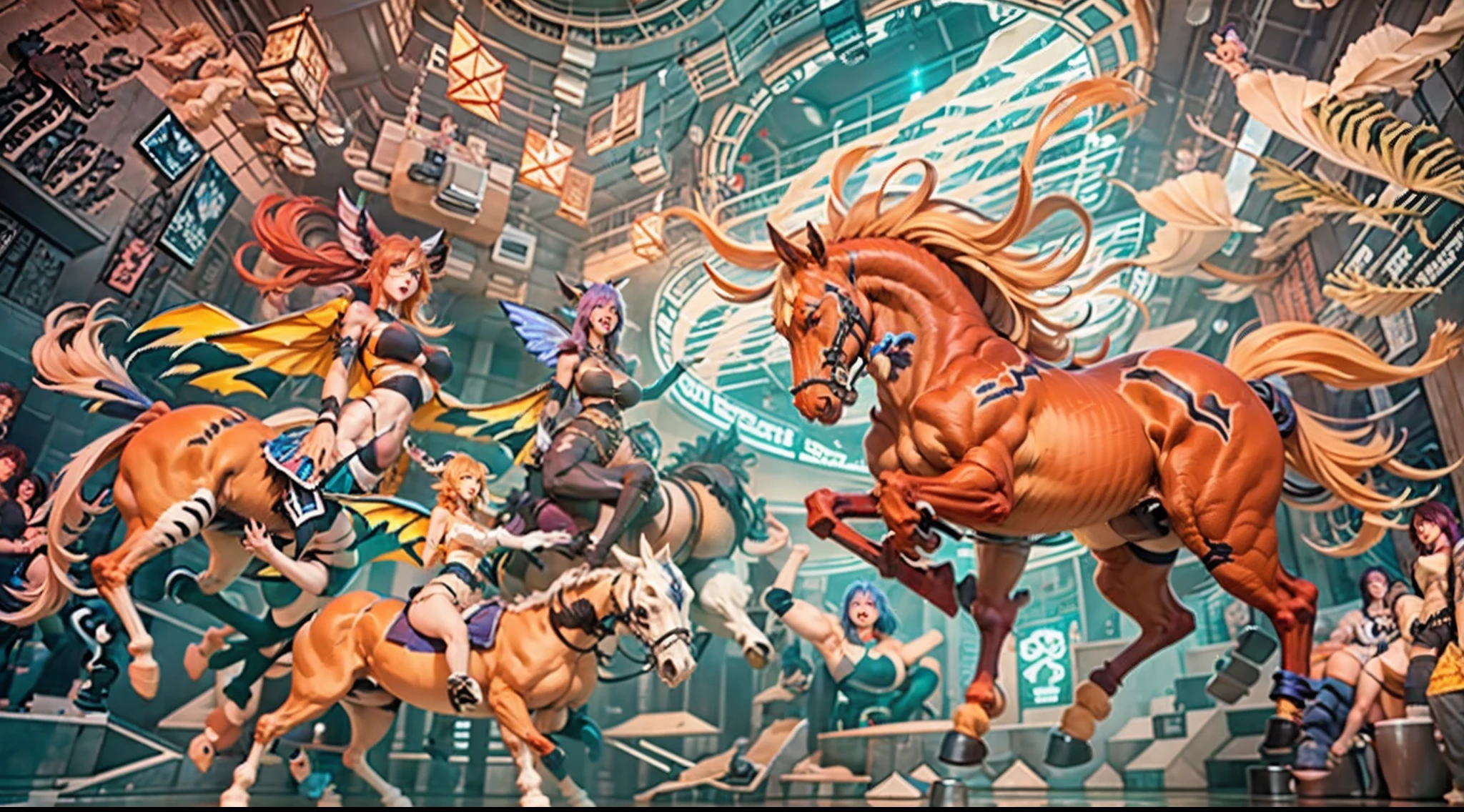 In the beautiful illustration of this super-grand scene,The ultra-long-range lens is shown(Over eight unique centaur characters:9.9),They all have their own characteristics,Vivid and interesting。Radiant angelic centaurs from the heavenly realm,To the hellish centaurs surrounded by nightmarish flames,And then to the Wind Fairy Centaur dancing in the air,There are also one-horned centaurs surrounded by thunder and lightning,and mechanical centaurs that shine with metallic light,And then to the powerful dragon centaur with colored dragon scales covering the whole body,The elegant and agile elf centaur always wears a flower crown with its slender graceful lines,Enchanting and charming Tiflin centaurs。Each character has their own unique charms and abilities。The illustration uses advanced artistic techniques and tools,(Divide the scene into sections by geometric arrangement:9.9),Each section corresponds to a centaur character,This makes more efficient use of space。Through Midjourney's advanced brush tools、Color palette、Material packs and model packs,For each centaur, beautiful props are designed to increase racial characteristics、Clothing and physical features,Enhances the character's personality and visual appeal。The scenery in the illustrations is stunning,There are changing skies、rainbowing、extreme light、Stars and Moon。Incorporating iconic landmarks such as Mount Everest,and fireworks、tranquil lake、Natural and urban elements of waves and neon lights,Creates a magical atmosphere。The centaurs display their unique abilities and equipment in a variety of environments,This is true even in extreme alien landscapes。(Use Midjourney's tools、Material packs、Texture tools、The color palette makes depicting details vivid and realistic:9.9),From complex hairstyles and as well as different racial traits、Body、Appearance features、Clothing to real textures,This greatly enhances the realism of the characters and surroundings。The fusion of multiple art styles adds movement to the centaur's