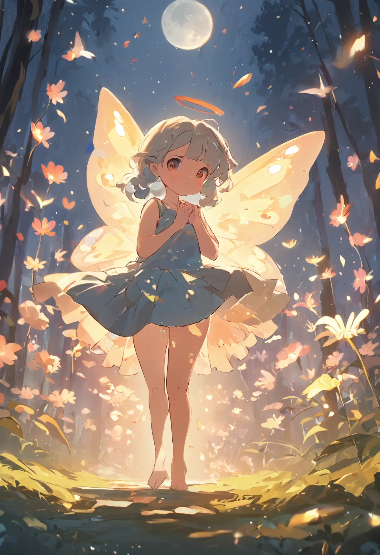 ln the forest，night moon，Mini cute 3 year old flower fairy, Chubby toot，Skirt made of petals，Huge flowers，Colorful colorful，Transparent colorful wings, Magic wand，closeup cleavage，Light attenuation，Glow effects，depth of fields，high light，Real light，Ray traching，oc rendered，Hyper-realistic，best qualtiy，8K，Works of masters，super-fine，Detailed pubic hair，Correct ???????，sharp focus on eyes，Bokeh，Facial features are carefully depicted，in style of hayao miyazaki，Miyazaki animation style