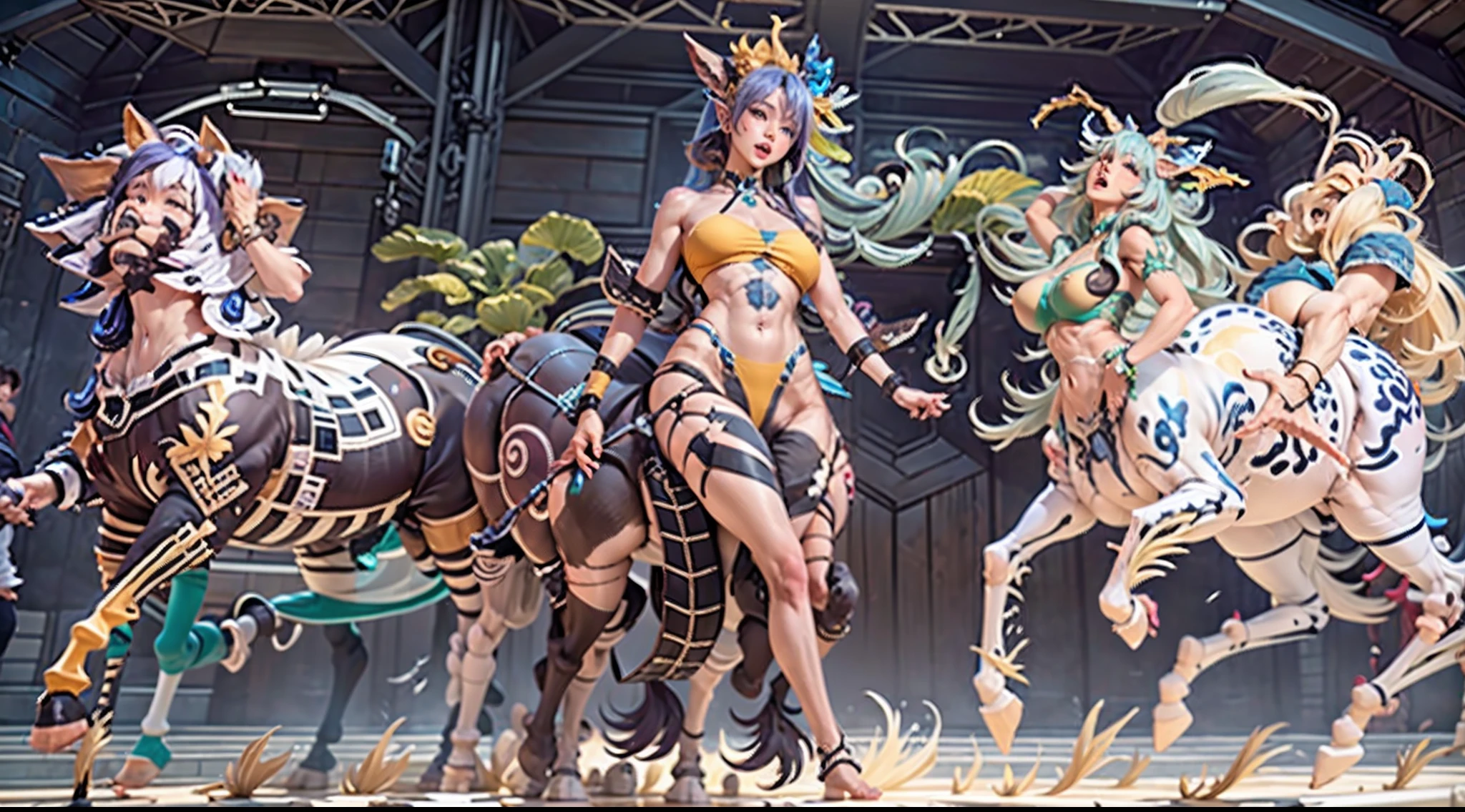 In the beautiful illustration of this super-grand scene,The ultra-long-range lens is shown(Over eight unique centaur characters:9.9),They all have their own characteristics,Vivid and interesting。Radiant angelic centaurs from the heavenly realm,To the hellish centaurs surrounded by nightmarish flames,And then to the Wind Fairy Centaur dancing in the air,There are also one-horned centaurs surrounded by thunder and lightning,and mechanical centaurs that shine with metallic light,And then to the powerful dragon centaur with colored dragon scales covering the whole body,The elegant and agile elf centaur always wears a flower crown with its slender graceful lines,Enchanting and charming Tiflin centaurs。Each character has their own unique charms and abilities。The illustration uses advanced artistic techniques and tools,(Divide the scene into sections by geometric arrangement:9.9),Each section corresponds to a centaur character,This makes more efficient use of space。Through Midjourney's advanced brush tools、Color palette、Material packs and model packs,For each centaur, beautiful props are designed to increase racial characteristics、Clothing and physical features,Enhances the character's personality and visual appeal。The scenery in the illustrations is stunning,There are changing skies、rainbowing、extreme light、Stars and Moon。Incorporating iconic landmarks such as Mount Everest,and fireworks、tranquil lake、Natural and urban elements of waves and neon lights,Creates a magical atmosphere。The centaurs display their unique abilities and equipment in a variety of environments,This is true even in extreme alien landscapes。(Use Midjourney's tools、Material packs、Texture tools、The color palette makes depicting details vivid and realistic:9.9),From complex hairstyles and as well as different racial traits、Body、Appearance features、Clothing to real textures,This greatly enhances the realism of the characters and surroundings。The fusion of multiple art styles adds movement to the centaur's