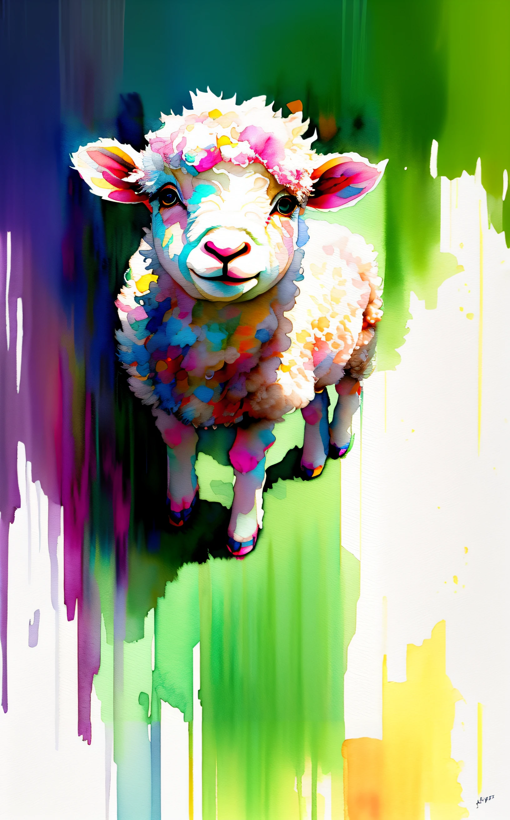 wtrcolor style, Digital art of (a cute little lamb), official art, frontal, smiling, masterpiece, Beautiful, ((watercolor)), face paint, paint splatter, intricate details. Highly detailed, soft eyes, gradient color matching from white to light green, [dripping:0.5], Trending on artstation, by Rachel Walker,