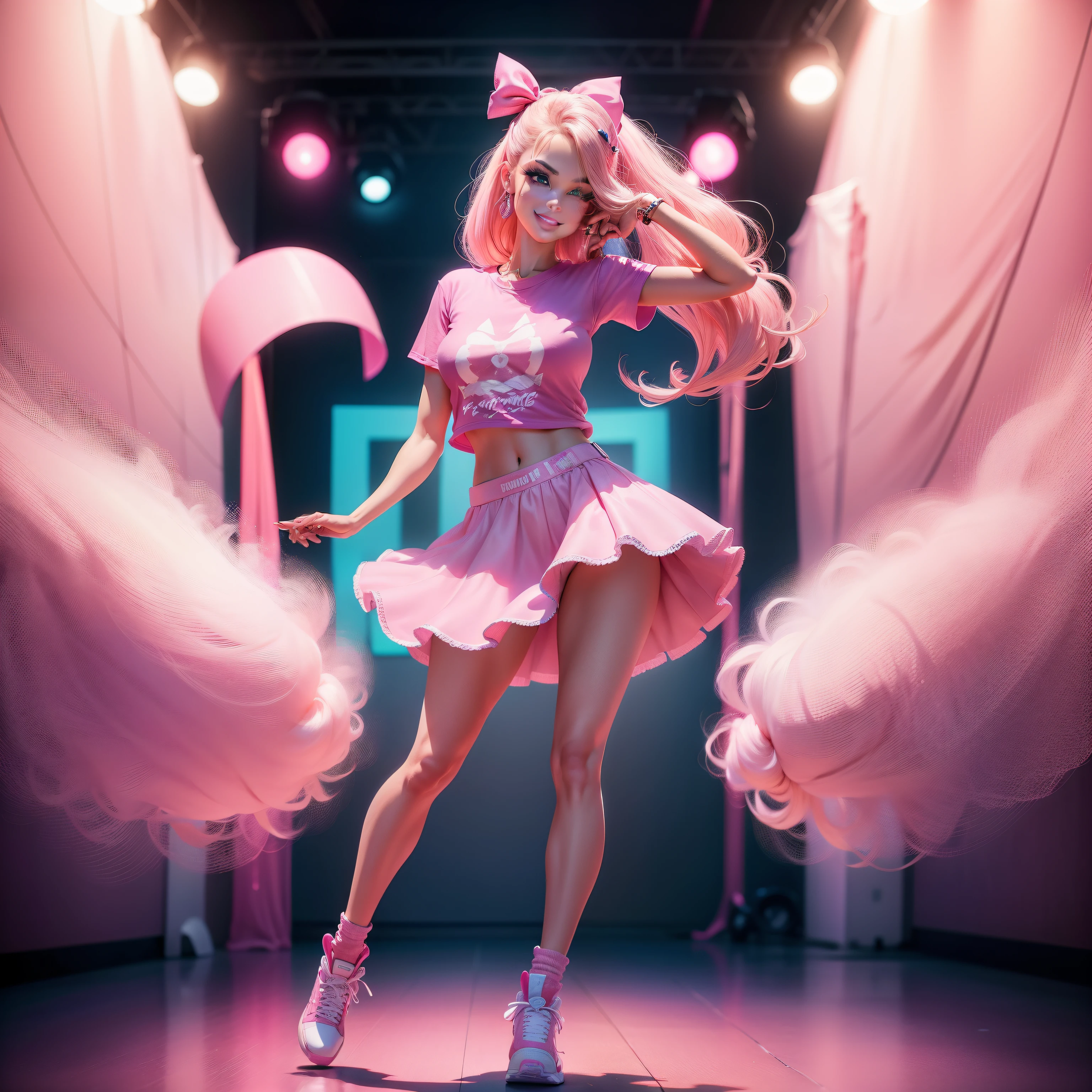 Barbie, ((Full body)), Blue eyes, Smiling face, Hair loss swaying in the wind, Hip Hop Singer Pose, Dressed in hip-hop style, Pink T-shirt included, With a pink bow on the arm, Fashion, Extremely high quality, high details, 8K, clean back ground, in studio, ((Full body shot)),