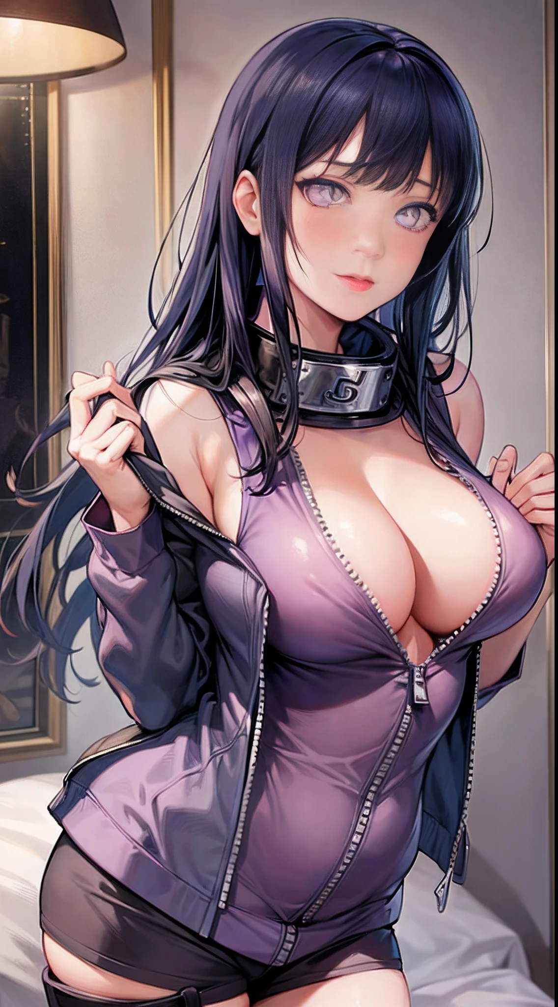 Masterpiece, highres, high Quality, detailed face, detailed body render, 1girl, solo, hyuuga hinata, hinata-sleeveless-outfit, large breasts, big breast, sleeveless shirt, fishnet top, dark lips, unzipped jacket, no bra, breasts out, nipple, standing, blushes, (on bedroom)