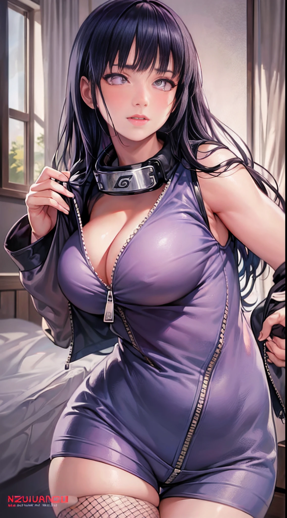 Masterpiece, highres, high Quality, detailed face, detailed body render, 1girl, solo, hyuuga hinata, hinata-sleeveless-outfit, large breasts, big breast, sleeveless shirt, fishnet top, dark lips, unzipped jacket, no bra, breasts out, nipple, standing, blushes, (on bedroom)
