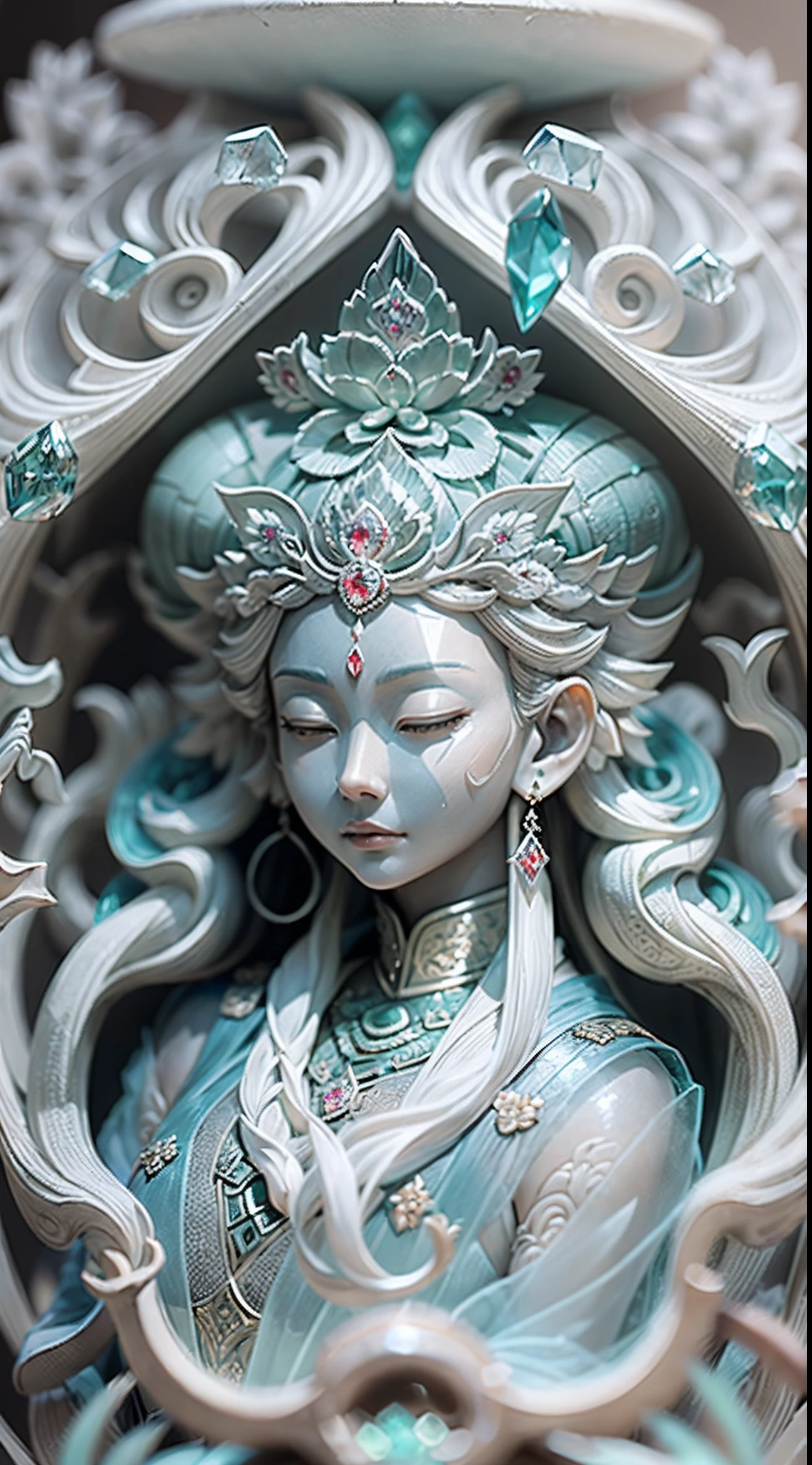 best qualtiy,Masterpiece,Photorealsitic,the detail,super detailing,rendering by octane,lightand shade contrast,Jade carving girl,Solo,closeup cleavage,The whole body occupies half of the picture,((((Meditating)))),Hand pinching the law,(A body made of white jade:1.5),(((Crystal clear body))),((((Transparent material)))),Extremely perfect material properties,Material reflection,Perfect facial features,Elaborately carved face,Behind it is a huge phantom