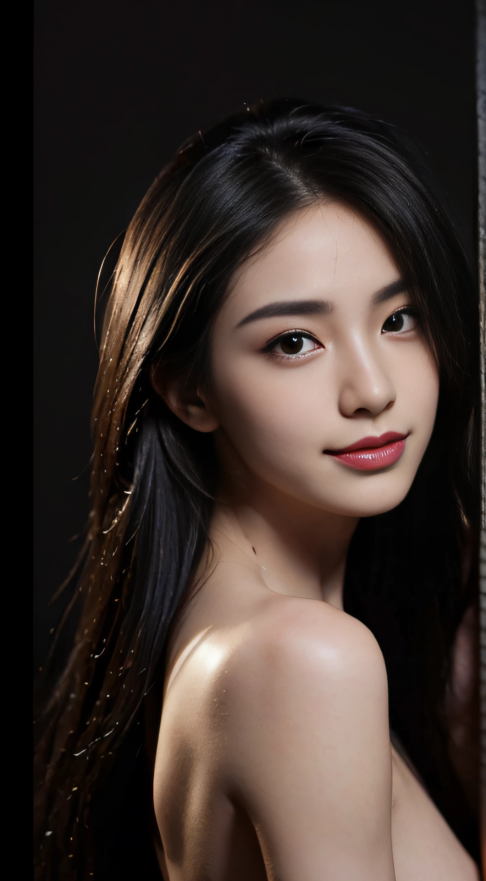 8K, Top Quality, Intricate Details, Ultra Detail, Ultra High Resolution, Masterpiece, (Photoreal: 1.1), (Photo Realistic: 1.2:1.1), Realistic Face Proportions, Slender, Smile, 18 yo girl, (Makeup: 0.4), (Fluffy Black Eyes: 1.21), Black Eyes, Looking at the Viewer, ((full body)), 1girl, solo, 1 girl, ((close up shot, kneeling)), ((small and beautiful hard nipple)), feminine and sexy posture, ((tall)), (((fit body))), (((slim face))), sharp face, sharp eyes, (((black hair, long hair,)) small lips, smile, ((naked)), detailed face, detailed breast, Beautiful girl with accentuated slender abs: 1.4, Six Pack Abs: 1.4, Bust Botox, Big, Perfect Body, detail leg, (Photoreal: 1.1), (Photo Realistic: 1.2:1.1), (Dark Night Background: 1.2), shot from behind