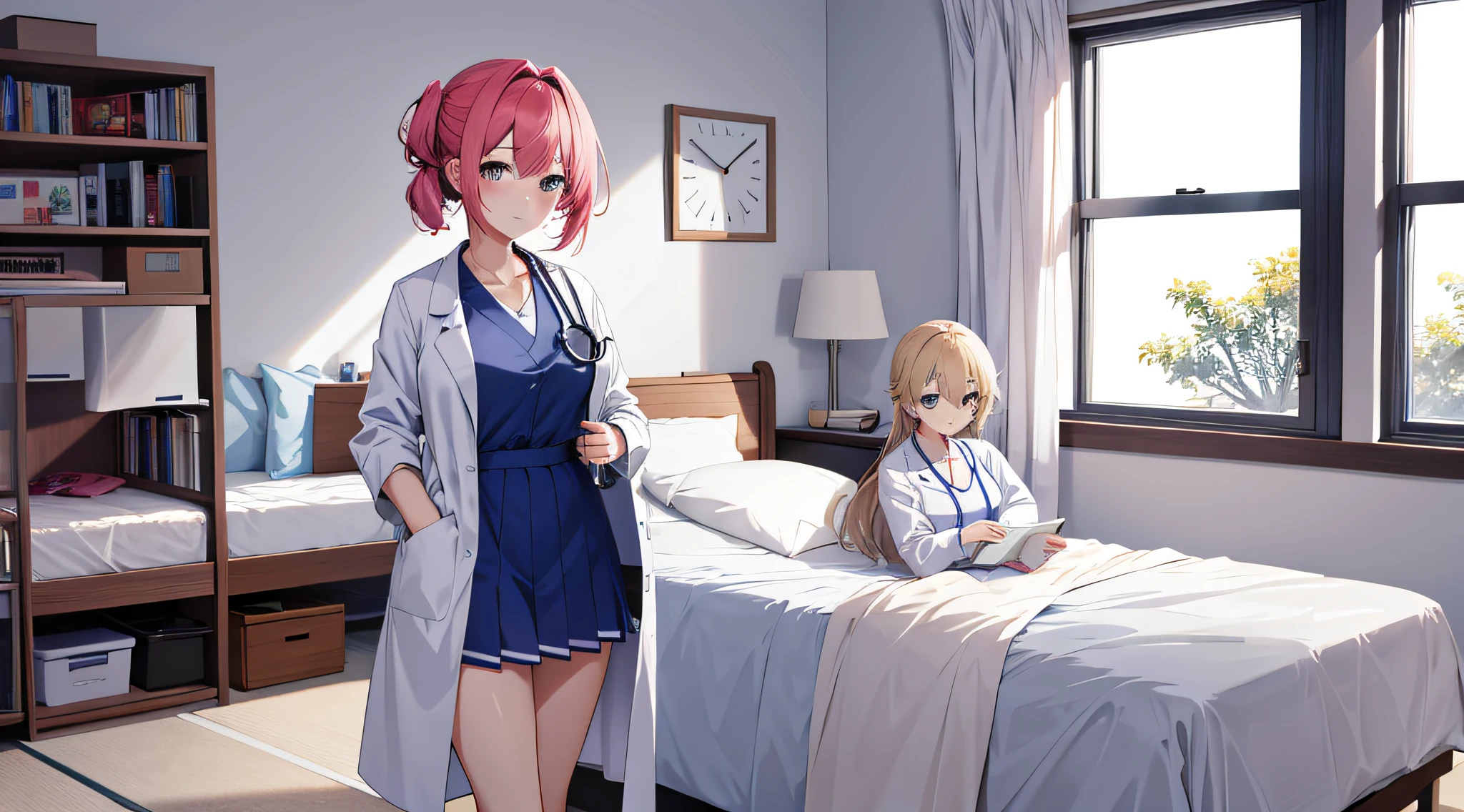 At the hospital nurse's station at night、Wearing a nursing cap、a blond、Dressed in white nursing uniform、Adult female nurse working the night shift、fainting、tilt your head、Close your eyes、Gagged in the mouth.、Handcuffs are worn on hands and feet。And sit leaning against the wall。