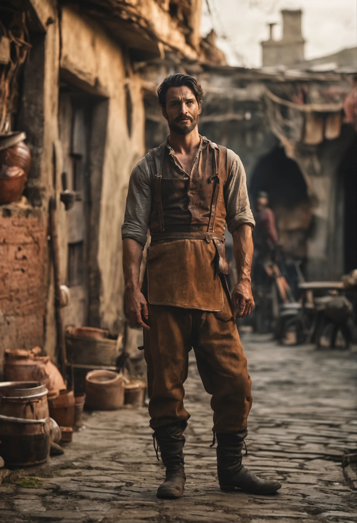 Full body full length photo of an Gorgeos guy in on the green of a sixteenth century village store, and pleading for assistance. He is so  strong. He is an younger man 25 years old a young man who is stocky and strong who wears a stained leather apron and works with his hands. ::Crystal clear image, highly detailed, magical touches, ultra high resolution, widescreen aspect ratio, Cinematic, full length Photography, Shot on 100mm lens, Ultra - Wide Angle, Depth of Field, hyper - detailed, beautifully colorful, insane details, intricate details, Unreal Engine, Cinematic, Color Grading, Cinematic Photography, Photography, Shot on 150mm lens, Depth of Field, DOF, Tilt Blur, Shutter Speed 1/ 1000, F/ 22, White Balance, 32k, Super - Resolution, Megapixel, ProPhoto HDR, VR, Massive, Halfrear Lighting, Backlight, Natural Lighting, Incandescent, Optical Fiber, Moody Lighting, Cinematic Lighting, Studio Lighting, Soft Lighting, Volumetric, Beautiful Lighting, Accent Lighting, Global Illumination, Screen Space Global Illumination, Ray Tracing Global Illumination, Optics, Scattering, Glowing, Shadows, Rough, Shimmering, Ray Tracing Reflections, Lumen Reflections, Screen Space Reflections, Diffraction Grading, Chromatic Aberration, GB Displacement, Scan Lines, Ray Traced, Ray Tracing Ambient Occlusion, Anti - Aliasing, FKAA, TXAA, RTX, SSAO, Shaders, OpenGL - Shaders, GLSL - Shaders, Post Processing, Post - Production, Cel Shading, Tone Mapping, CGI, VFX, SFX, insanely detailed and intricate, hypermaximalist, hyper realistic, super detailed, dynamic pose, photography --v 5.0 --s 1000