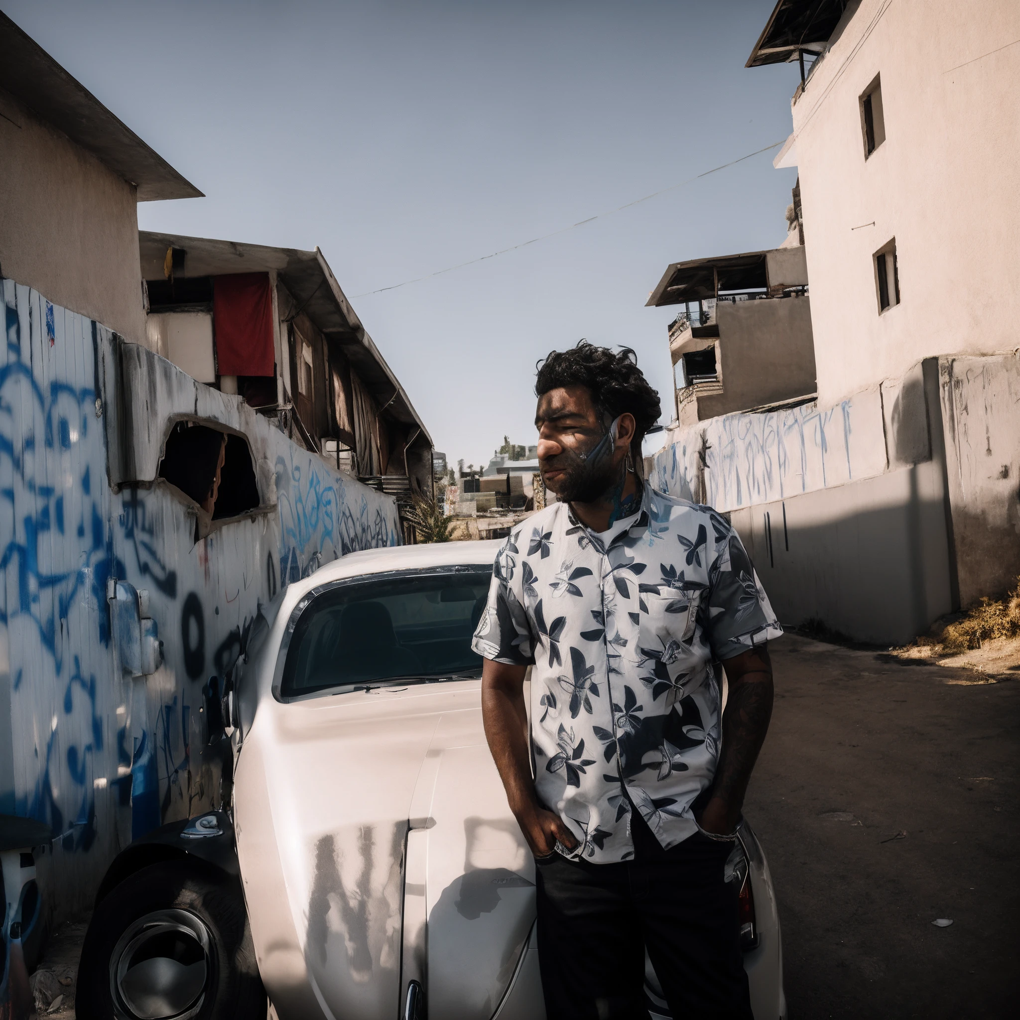 arafed man standing next to a car with graffiti on it, shot on sony a 7, shot with sigma f / 4. 2, shot with sigma f/ 4.2, shot on leica sl2, shot with sony alpha, taken with sony alpha 9, shot on canon eos r 5, shot on canon eos r5, standing in a township street