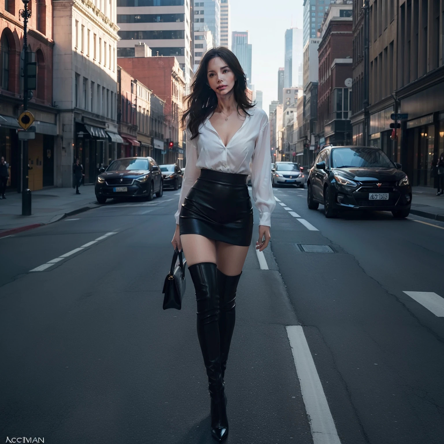 (1Woman), (((Jaclyn Smith))), (25 years old), (supermodel), ((full body pose)), ((standing full body with legs apart)), ((sexy black blouse with top unbuttoned)), ((sexy black tight miniskirt)),  ((sexy black high heels)), serious, rosy cheeks, city streets, daytime, hands on hips, cleavage, pout, looking down at viewer, disheveled hair, magic hands, {{{High Quality}}}, {{{Ultra-detailed}}}, {{{Sharp focus}}}, {{{masterpiece}}}, octane render, HDR, (hyperdetailed:1.15), 8k wallpaper, {extremely delicate and beautiful}