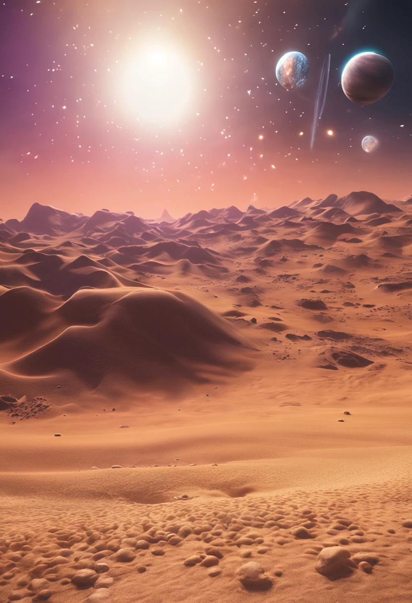 夏天, desert, Emerald dust, sky, big clouds, blue-sky, universe, milkyway, planets, hot weather, HD detail, Hyper Detail, Cinematics, hyperrealism, Soft light, deep field focus bokeh, The distant landscape is a desert with no end, 光线追踪, It's surrealism. --v6
