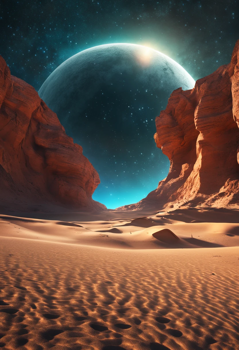夏天, desert, Emerald dust, sky, big clouds, blue-sky, universe, milkyway, planets, hot weather, HD detail, Hyper Detail, Cinematics, hyperrealism, Soft light, deep field focus bokeh, The distant landscape is a desert with no end, 光线追踪, It's surrealism. --v6