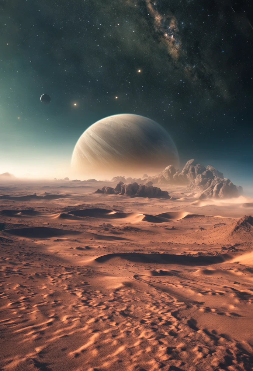 夏天, desert, Emerald dust, sky, big clouds, blue-sky, universe, milkyway, planets, hot weather, HD detail, Hyper Detail, Cinematics, hyperrealism, Soft light, deep field focus bokeh, The distant landscape is a desert with no end, 光线追踪, It's surrealism. --v6