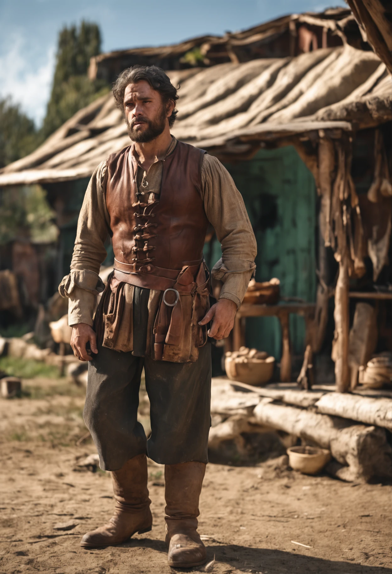 Full body full length photo of an Gorgeos guy in on the green of a sixteenth century village store, and pleading for assistance. He is so  strong. He is an younger man 25 years old a young man who is stocky and strong who wears a stained leather apron and works with his hands. ::Crystal clear image, highly detailed, magical touches, ultra high resolution, widescreen aspect ratio, Cinematic, full length Photography, Shot on 100mm lens, Ultra - Wide Angle, Depth of Field, hyper - detailed, beautifully colorful, insane details, intricate details, Unreal Engine, Cinematic, Color Grading, Cinematic Photography, Photography, Shot on 150mm lens, Depth of Field, DOF, Tilt Blur, Shutter Speed 1/ 1000, F/ 22, White Balance, 32k, Super - Resolution, Megapixel, ProPhoto HDR, VR, Massive, Halfrear Lighting, Backlight, Natural Lighting, Incandescent, Optical Fiber, Moody Lighting, Cinematic Lighting, Studio Lighting, Soft Lighting, Volumetric, Beautiful Lighting, Accent Lighting, Global Illumination, Screen Space Global Illumination, Ray Tracing Global Illumination, Optics, Scattering, Glowing, Shadows, Rough, Shimmering, Ray Tracing Reflections, Lumen Reflections, Screen Space Reflections, Diffraction Grading, Chromatic Aberration, GB Displacement, Scan Lines, Ray Traced, Ray Tracing Ambient Occlusion, Anti - Aliasing, FKAA, TXAA, RTX, SSAO, Shaders, OpenGL - Shaders, GLSL - Shaders, Post Processing, Post - Production, Cel Shading, Tone Mapping, CGI, VFX, SFX, insanely detailed and intricate, hypermaximalist, hyper realistic, super detailed, dynamic pose, photography --v 5.0 --s 1000