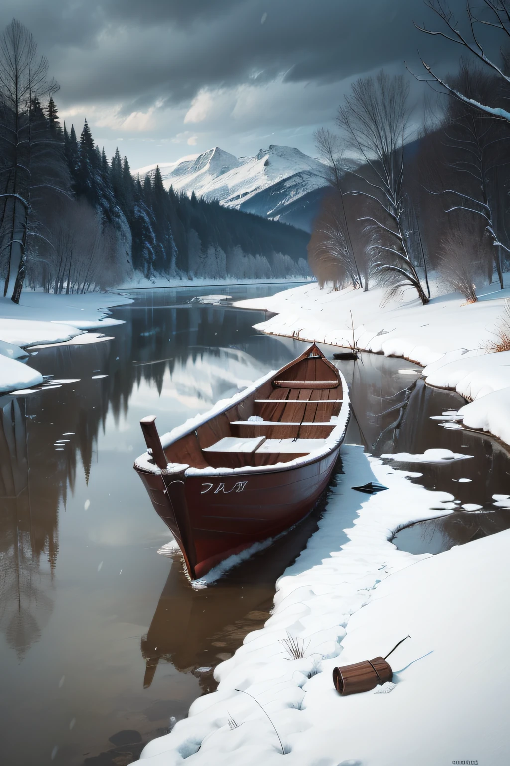 Lonely boat, fishing alone in the cold river and snow