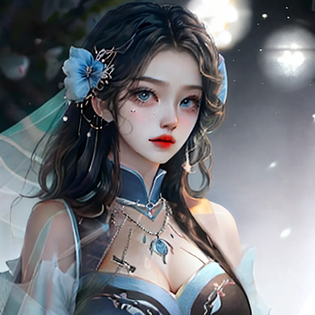 black color hair,blue color eyes,exquisite facial features,Cute face,Lori huge breasts cleavage,extremely large bosom,比基尼,blacksilk,