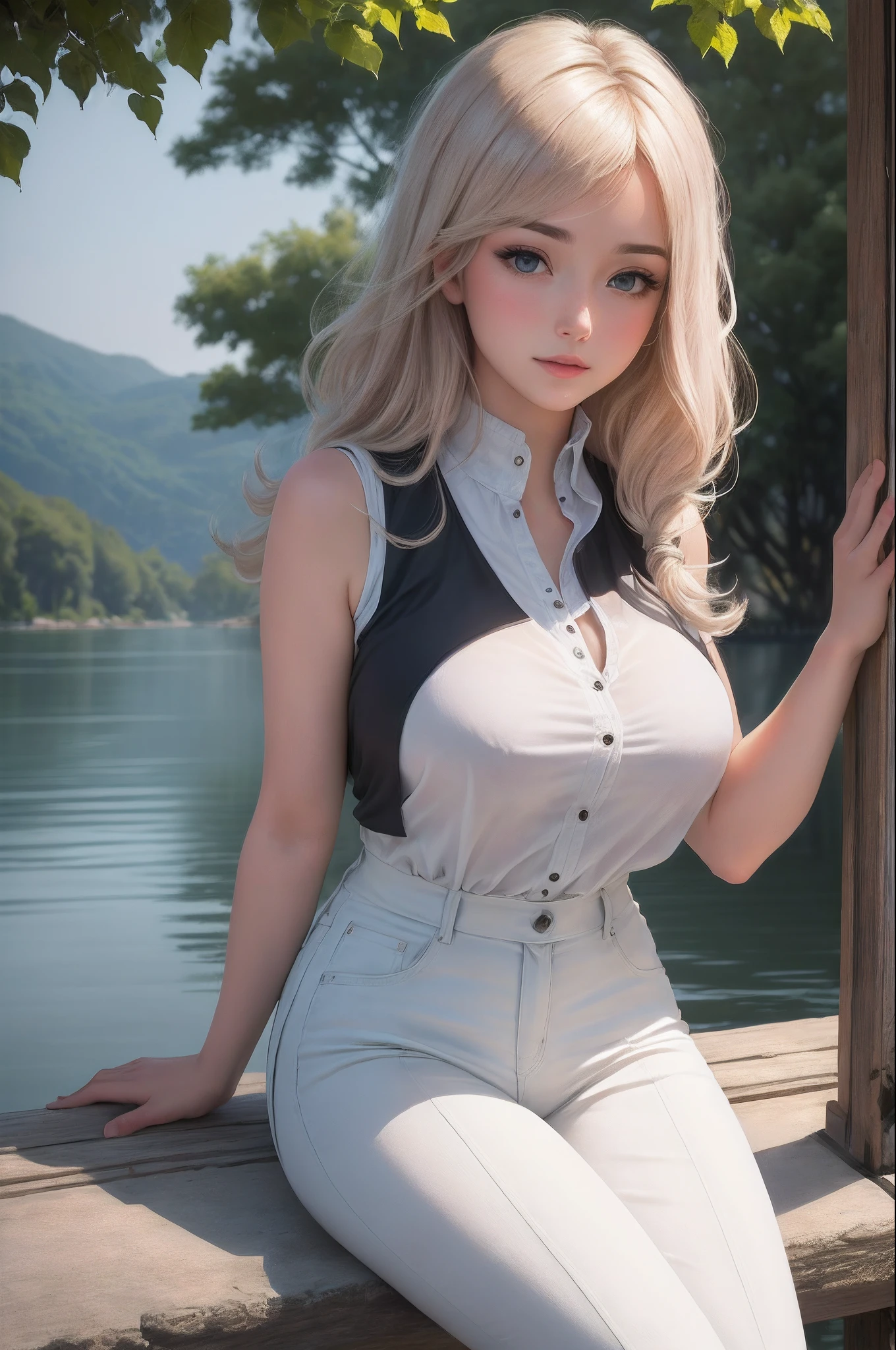 ((front view shot)), ((A very cute girl sitting on floor, and wearing a white silk extreme micro string, a loincloth of white silk string, in a beautiful park)), ((smug look)), ((wearing a white silk plunging shirt: 1.5)), (big breasts :1.4), (open her legs), ((public hair)), wearing white wet panties, 8k, RAW photo, (highly detailed skin:1.2), photography, masterpiece, best quality, (a beautiful caucasian girl with beautiful gorgeous light blonde hair, white skin, beautiful soft big breasts
