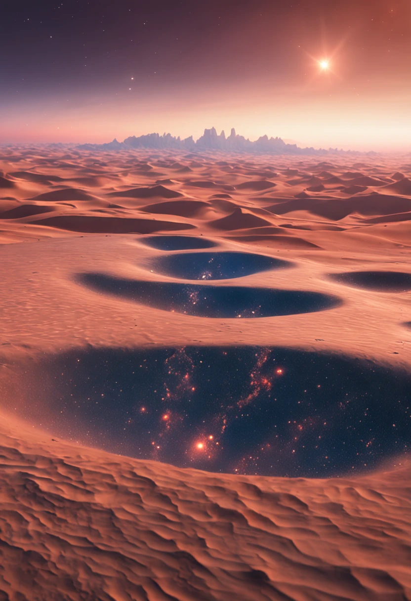 夏天, desert, Emerald dust, sky, big clouds, blue-sky, milkyway, planets, hot weather, HD detail, Hyper Detail, Cinematics, hyperrealism, Soft light, deep field focus bokeh, The distant landscape is a desert with no end, 光线追踪, It's surrealism. --v6