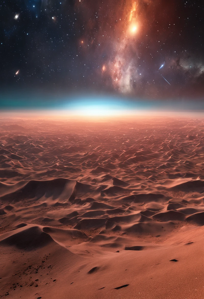 夏天, desert, Emerald dust, sky, big clouds, blue-sky, milkyway, planets, hot weather, HD detail, Hyper Detail, Cinematics, hyperrealism, Soft light, deep field focus bokeh, The distant landscape is a desert with no end, 光线追踪, It's surrealism. --v6