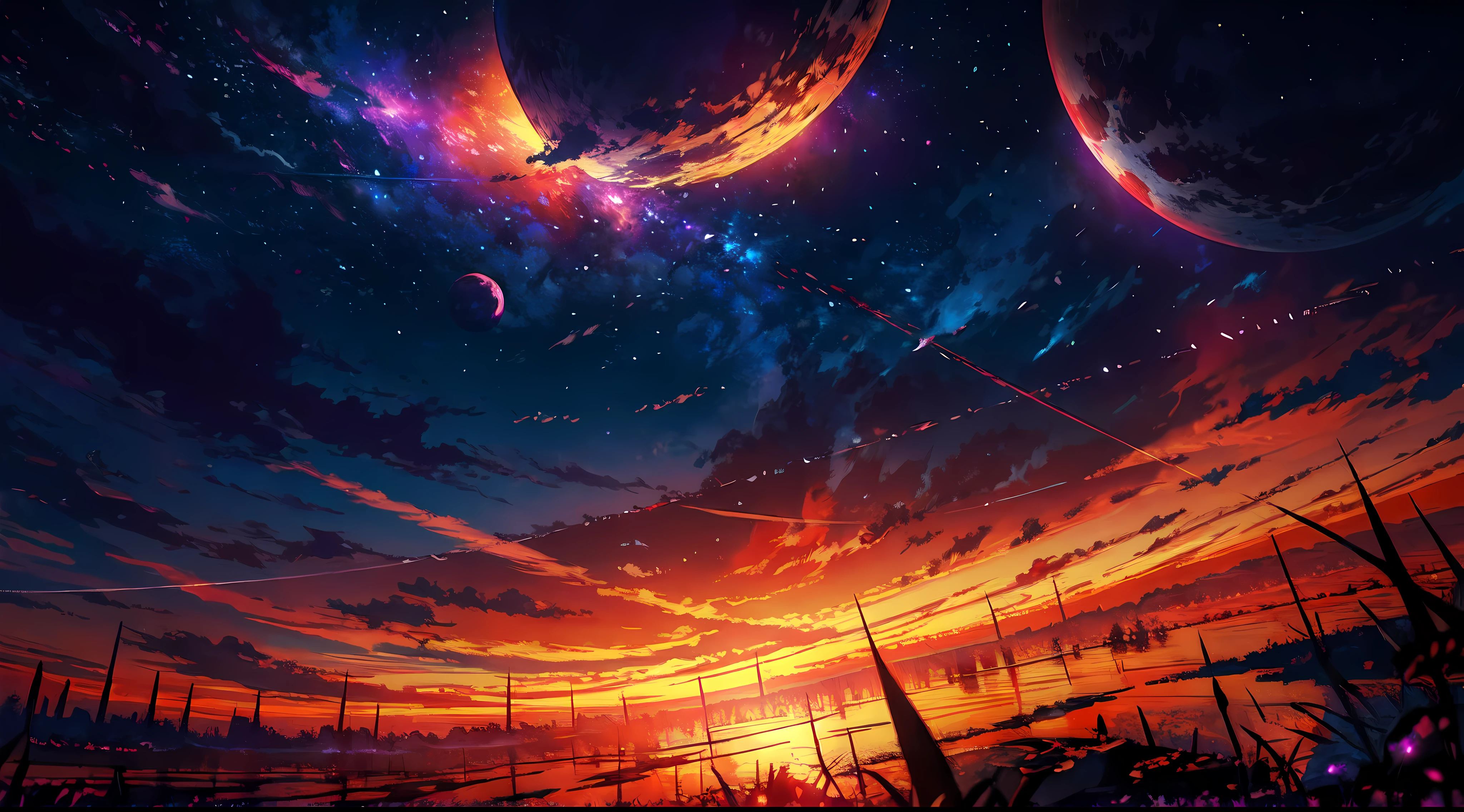 anime - style scene of a sunset with stars and planets, cosmic skies. by makoto shinkai, sunset on distant machine planet, magnificent background, anime sky, anime art wallpaper 4 k, anime art wallpaper 4k, 4k highly detailed digital art, anime art wallpaper 8 k, ross tran. scenic background, anime background art, anime wallpaper 4 k