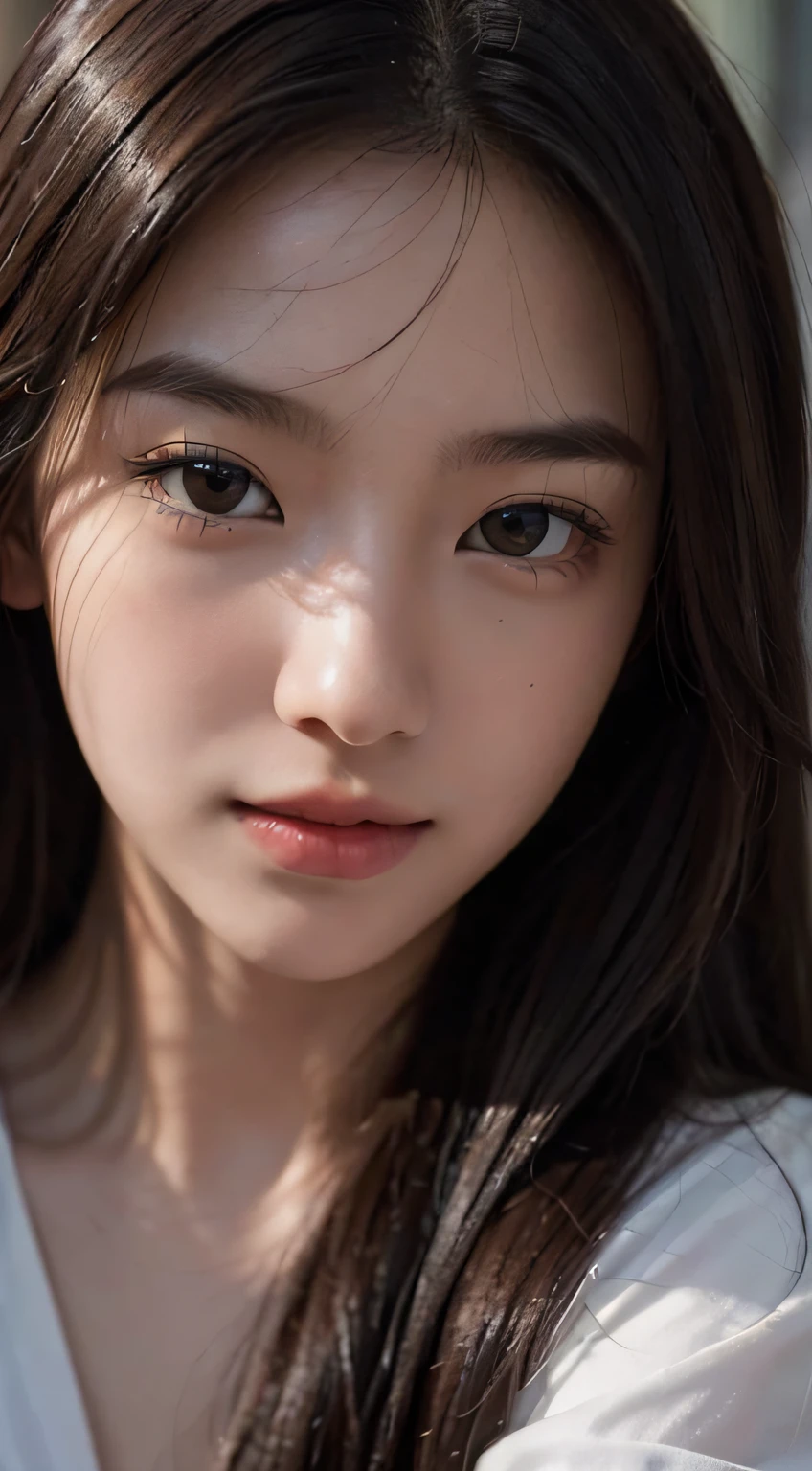 best qualtiy， tmasterpiece， realisticlying， hyper-detailing， photography of，  A high resolution， hoang lap， cinematric light， offcial art， depth of fields，
closeup cleavage，slim，cute  face，ssmile，beatiful detailed eyes，19-year-old Korean，prette，Silver Mohawks，