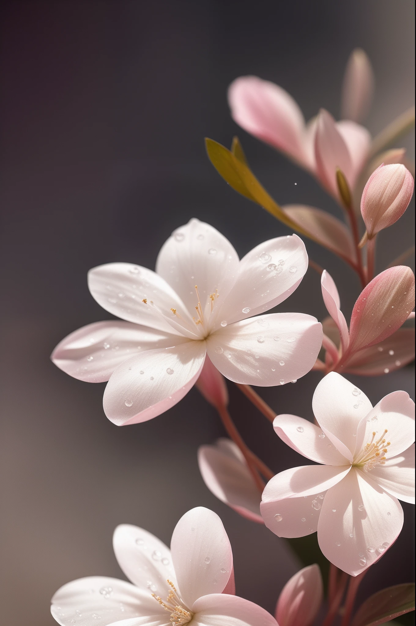 There are many white flowers,There are water droplets on it, paul barson, glowing delicate flower, soft flowers, Close-up Shot Shot, jasmine, flower, Beautiful image, After the rain, background natural flower, sparkling petals, flor branca, Sakura flower, drizzle, after rainny, Beautiful photo, Close portrait, beautiful flowers, dreamy floral background