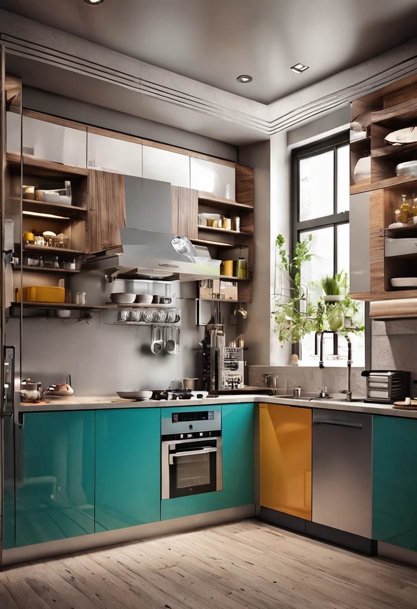 modern kitchen，Gorgeous renovation，refrigerator，cupboard，Wide scene，in a panoramic view，From the outside, hyper HD, High details