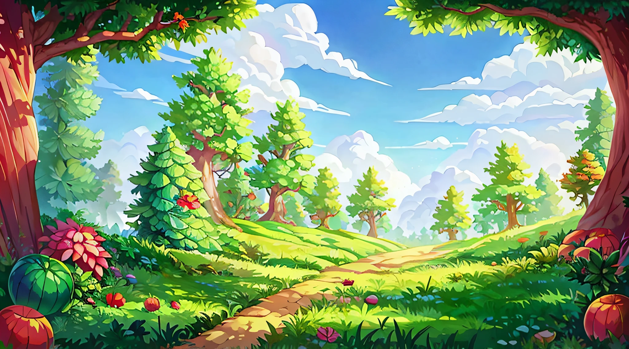 Cartoon forest with trails and trees, arte de fundo, background artwork, Mobile game background, game background, 2 D game art background, forest backgrou, scenery art detailed, landscape artwork, Mobile game art, 2d game background, Anime background art, forest clearing landscape, anime countryside landscape, sky forest background, forest outside, elf forest background, forest setting, Detailed game art