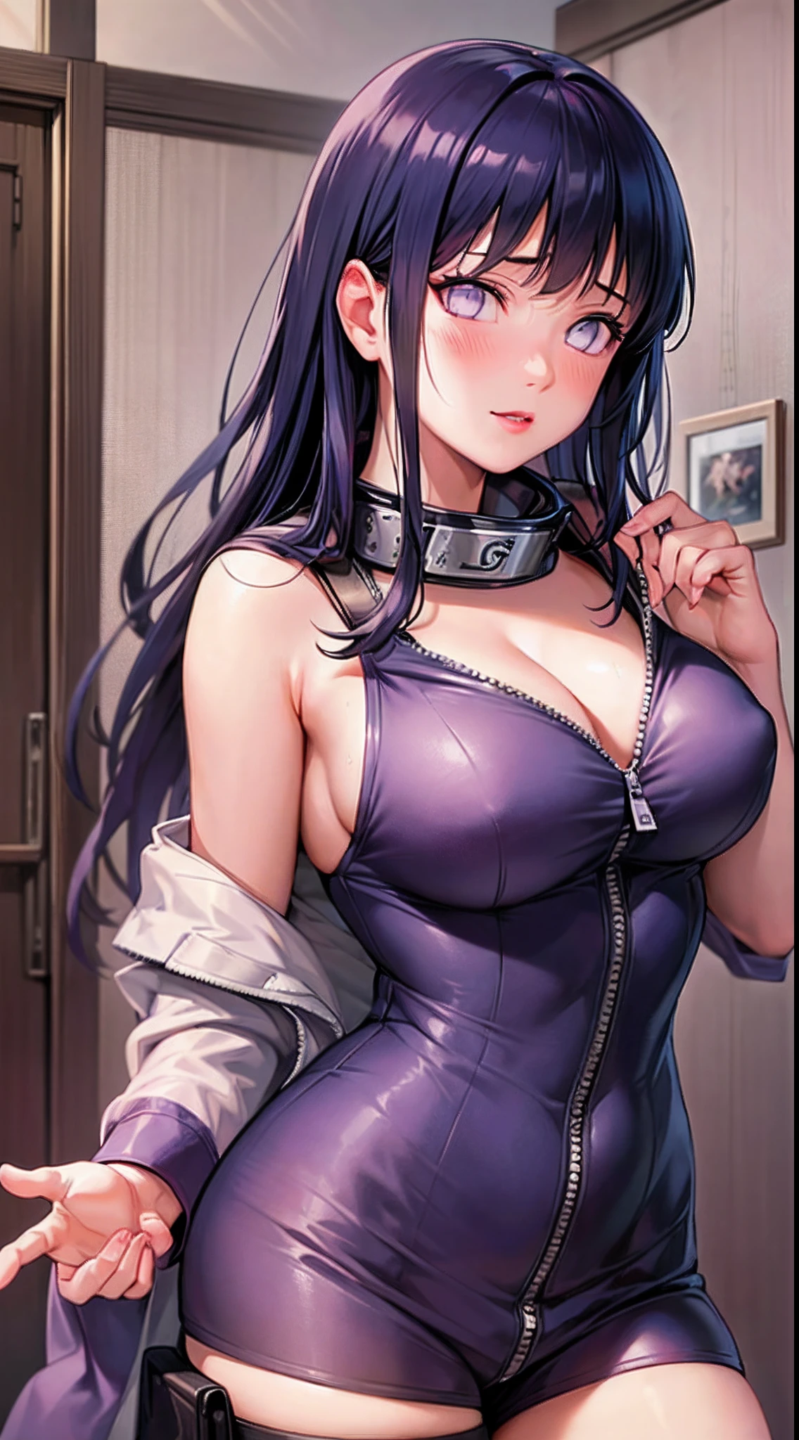 Masterpiece, highres, high Quality, detailed face, detailed body render, 1girl, solo, hyuuga hinata, hinata-sleeveless-outfit, large breasts, big breast, sleeveless shirt, fishnet top, dark lips, unzipped jacket, no bra, breasts out, nipple, standing, blushes, (on bedroom)