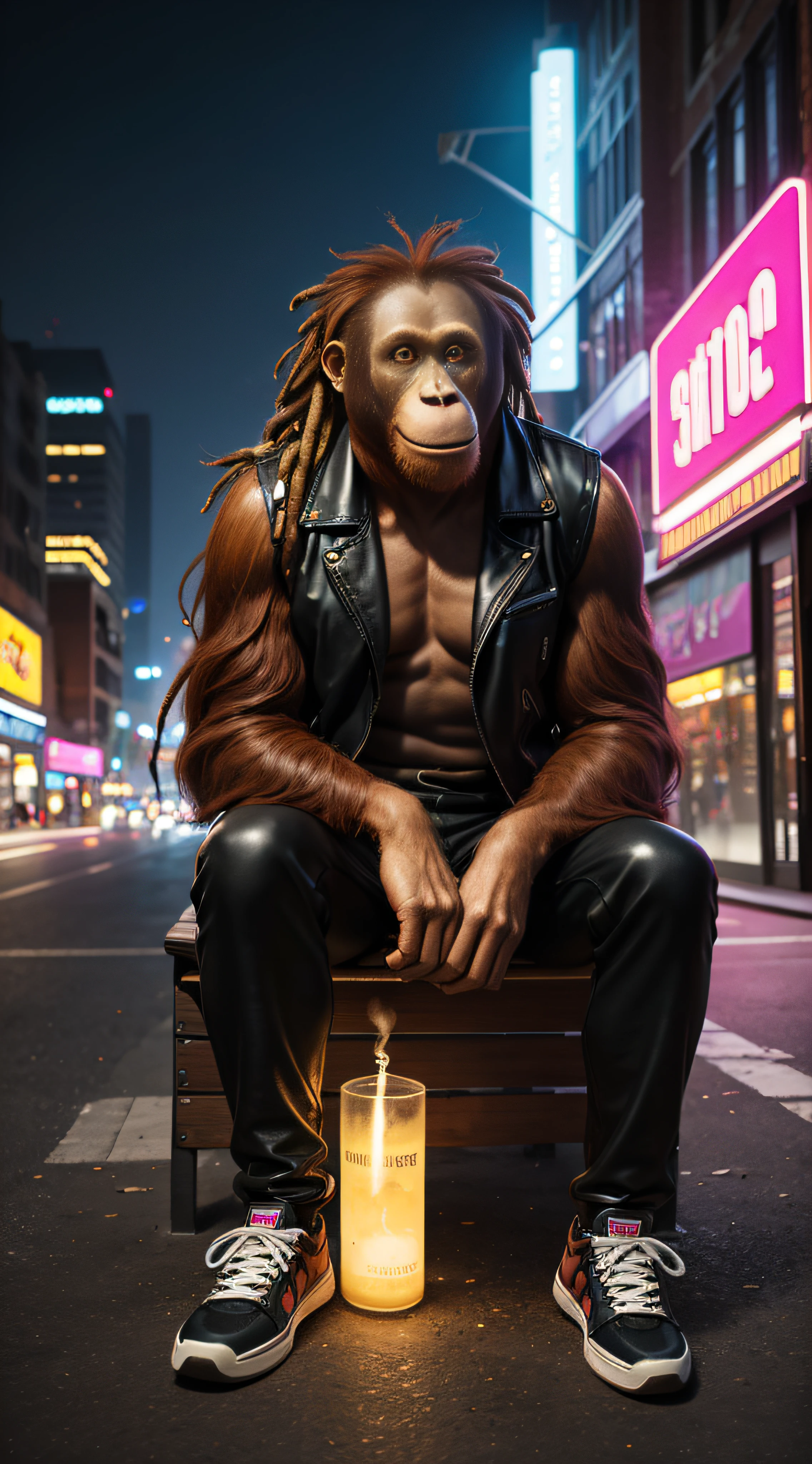 A high resolution photo of a giant orangutan sitting on a bench, metropolis location, smoking a very large joint, contented face, colorful dreadlocks hairstyle, blowing smoke, wearing a leather biker vest, the orangutan is wearing colorful sneakers, evening time, neon light, (colorful), detailed background, realistic, photorealistic, ultra realistic