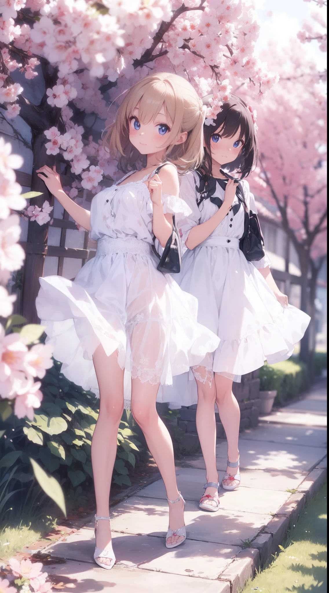 Very detailed, highest quality, High resolution, Moe Anime, ((4 cute girls with black hair and droopy eyes)), Blue Eyes, Sparkle in the eyes, Big eyes, tareme, View your viewers, Pale skin, Focus on the face, In the park with cherry blossoms falling, ((The upper half of the body is a see-through white lace sleeveless gymnastics dress, and the lower half is naked.)), ((nsfw)), ((Very short hairstyle:1.5)), (Slightly below:1.2), (arms behind back:1.4), ((Flat Chest:1.4))