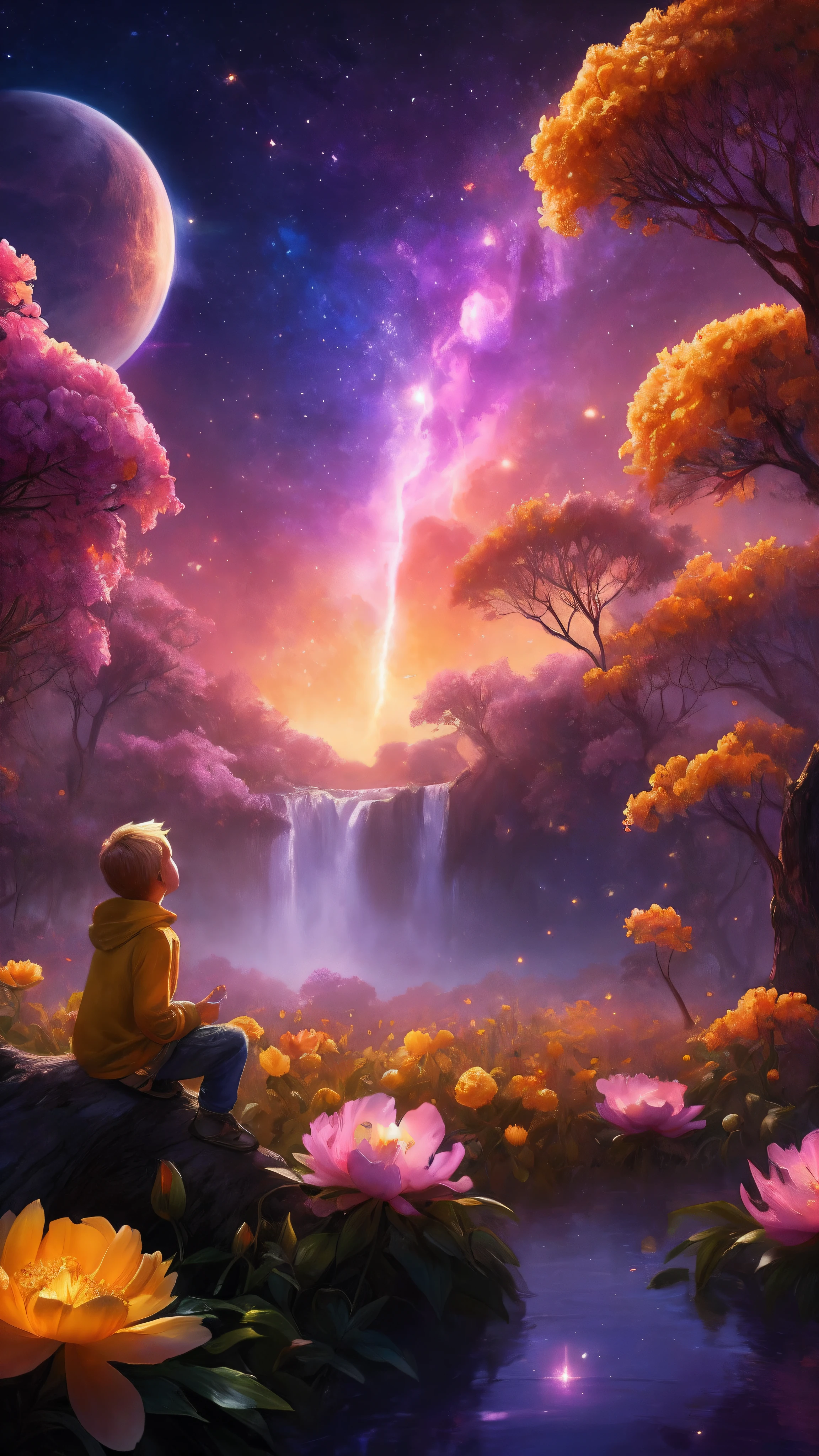 Close up, expansive landscape photograph , (a view from below that shows sky above and open field below), a little 9 years old blond boy with long sweatshirt and yellow scarf sitting on a trunk in yellow Peony flower garden looking up, ( comet:0.9), (nebula:1.2), distant Wetland, tree of life, BREAK production art, (warm light source:1.2), lamp, lot of purple and orange, intricate details, volumetric lighting, realism BREAK (masterpiece:1.2), (best quality), 4k, ultra-detailed, (dynamic composition:1.3), highly detailed, colorful details,( iridescent colors:1.2), (glowing lighting, atmospheric lighting), dreamy, magical, (solo:1.2), magical beautiful waterfall