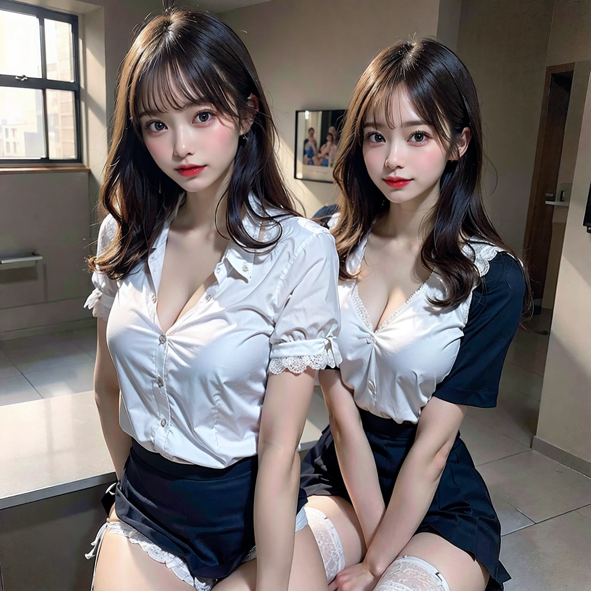 Beautiful face, (Slender body:1.2), Realistic, extremely detailed CG unified 8k wallpaper, ighly detailed, High-definition raw color photos, professional photograpy, Realistic portrait, Cinematic Light, Beautiful detailed, (Beautiful breasts:), (cleavage of the breast:1.2), (Uniform with wide open chest:1.5), (Mini skirt:1.3), (Very small white lace panties:1.5), (Squatting:1.1), cameltoe details, Indoors, School, (Best Quality:1.4), Super Detail, High quality,