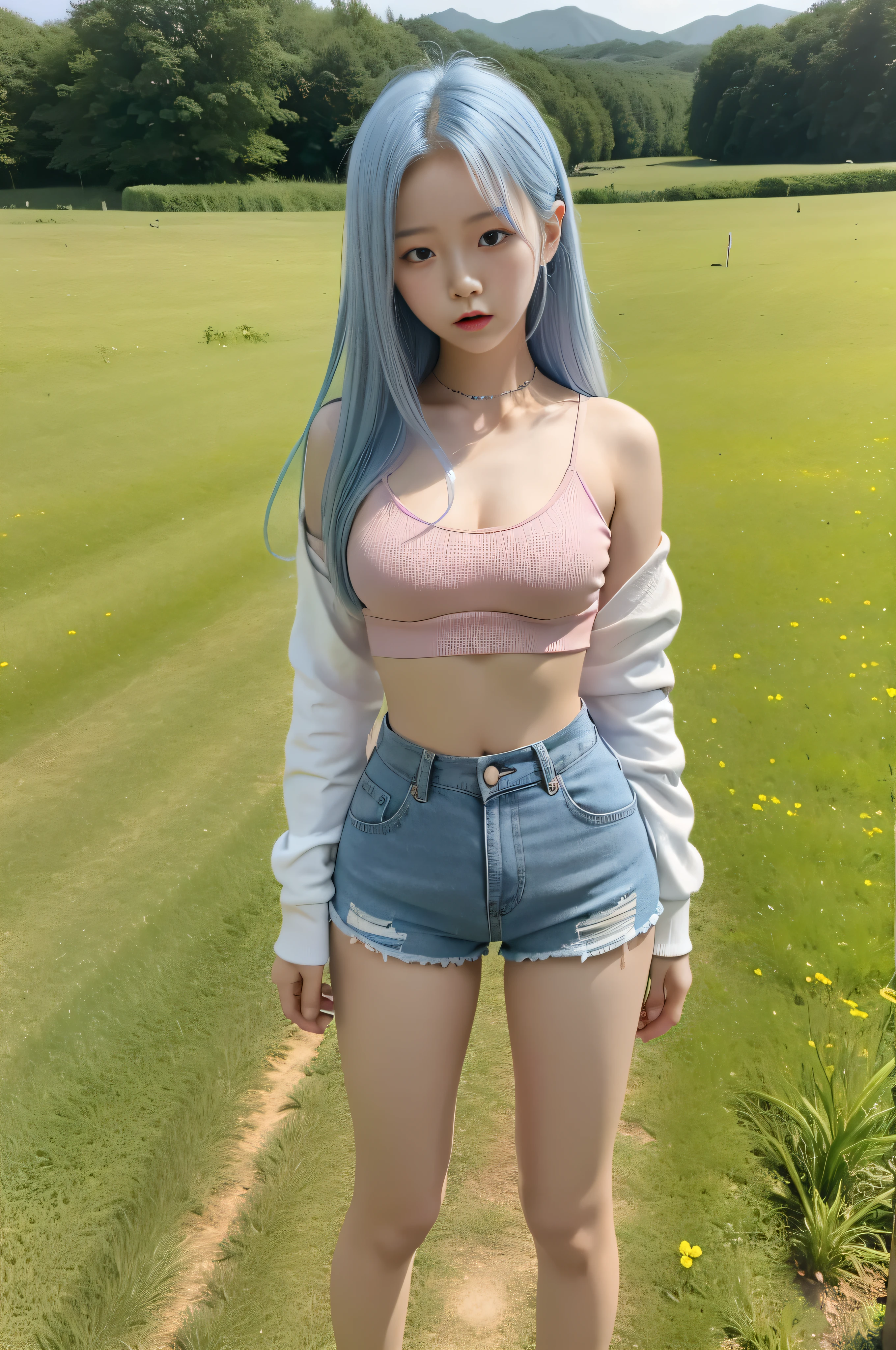 full body, A korean young girl in a fantasy world, 18yo, 18 years old korean young girl is in a field, fantasy field, small breast, petite figure, long light blue hair, tight crop top, low waist tight pink shorts, small tits, ((thin-waist)), a small face