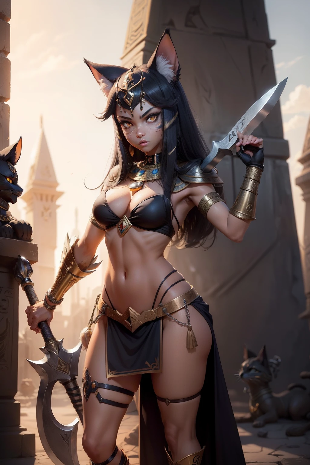 There is an anthropomorphic warrior cat with a large axe in her hand, Bastet, Egyptian cat goddess, anthro cat, Anthrobabopard Warlock, anthro cat, anthro art, Warrior Cat, Monk Tabaxi, Anubis reptilian, tabaxi, The Angry God Anubis, anthro concept art, neferpitou, Anubis