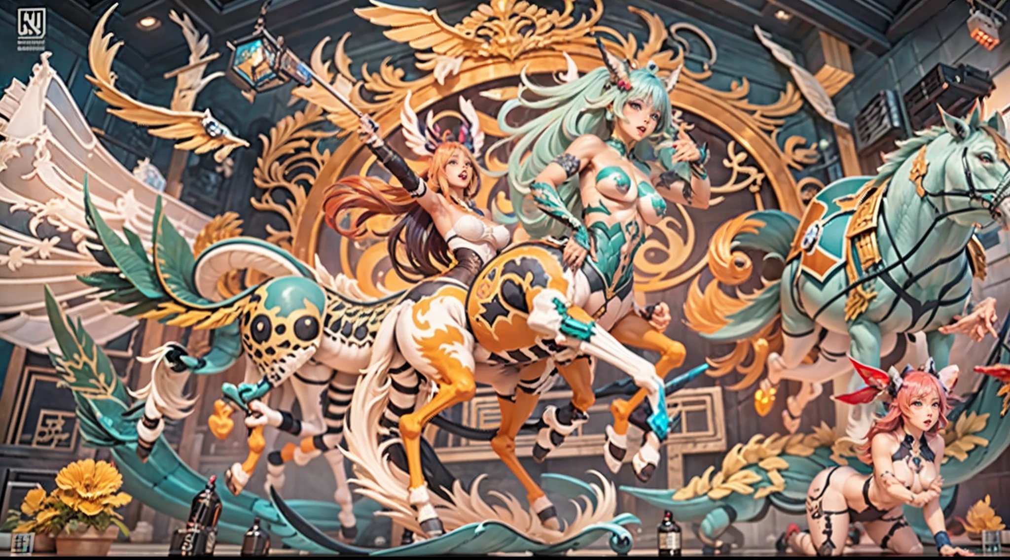 In the beautiful illustration of this super-grand scene，The ultra-long-range lens is shown（Over eight unique centaur characters：9.9），They all have their own characteristics，Vivid and interesting。Radiant angelic centaurs from the heavenly realm，To the hellish centaurs surrounded by nightmarish flames，And then to the Wind Fairy Centaur dancing in the air，There are also one-horned centaurs surrounded by thunder and lightning，and mechanical centaurs that shine with metallic light，And then to the powerful dragon centaur with colored dragon scales covering the whole body，The elegant and agile elf centaur always wears a flower crown with its slender graceful lines，Enchanting and charming Tiflin centaurs。Each character has their own unique charms and abilities。The illustration uses advanced artistic techniques and tools，（Divide the scene into sections by geometric arrangement：9.9），Each section corresponds to a centaur character，This makes more efficient use of space。Through Midjourney's advanced brush tools、Color palette、Material packs and model packs，For each centaur, beautiful props are designed to increase racial characteristics、Clothing and physical features，Enhances the character's personality and visual appeal。The scenery in the illustrations is stunning，There are changing skies、rainbowing、extreme light、Stars and Moon。Incorporating iconic landmarks such as Mount Everest，and fireworks、tranquil lake、Natural and urban elements of waves and neon lights，Creates a magical atmosphere。The centaurs display their unique abilities and equipment in a variety of environments，This is true even in extreme alien landscapes。（Use Midjourney's tools、Material packs、Texture tools、The color palette makes depicting details vivid and realistic：9.9），From complex hairstyles and as well as different racial traits、Body、Appearance features、Clothing to real textures，This greatly enhances the realism of the characters and surroundings。The fusion of multiple art styles adds movement to the centaur's