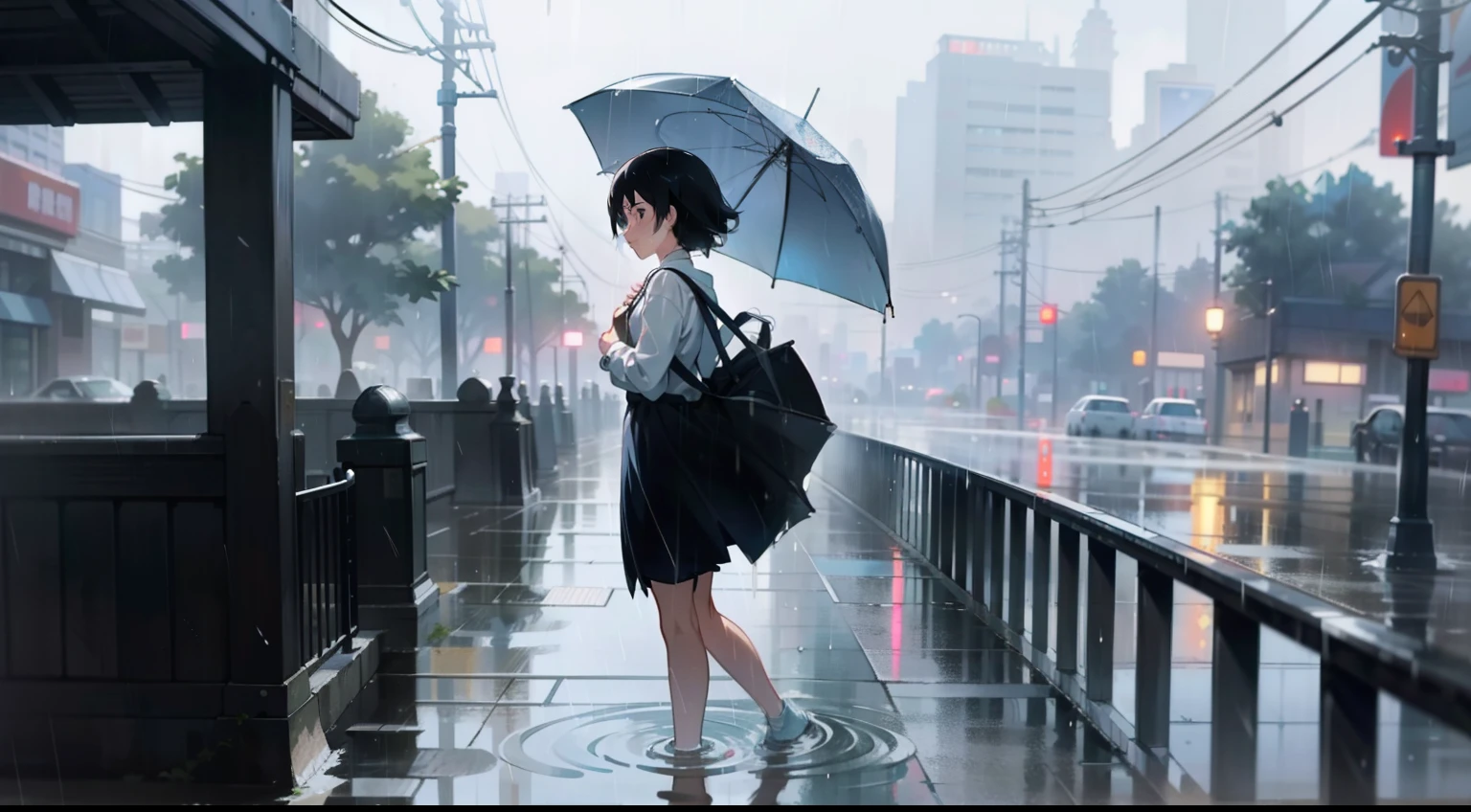 a pregirl，Walk through the city streets that flooded her ankles, rain，The entire street was flooded，Positive underwear rain，The body is lost by rain，Rain creates waves on the surface of the water，plethora of colors，tmasterpiece，Overlooking，Estilo de Makoto Shinkai。