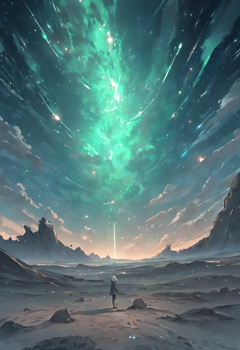 夏天, desert, Emerald cloud dust, big clouds, blue-sky, milkyway, planets, hot weather, HD detail, Hyper Detail, Cinematics, hyperrealism, Soft light, deep field focus bokeh, The distant landscape is a desert with no end, 光线追踪, It's surrealism. --v6