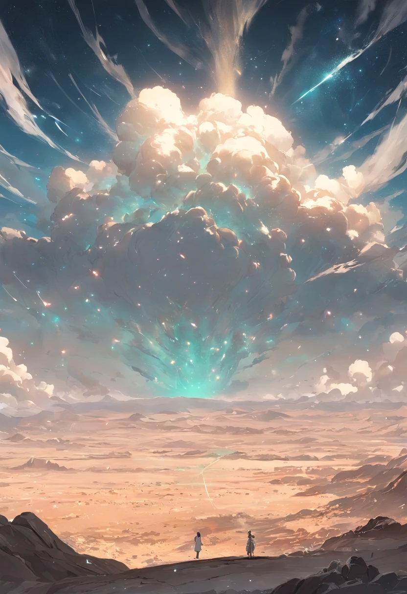 夏天, desert, Emerald cloud dust, big clouds, blue-sky, milkyway, planets, hot weather, HD detail, Hyper Detail, Cinematics, hyperrealism, Soft light, deep field focus bokeh, The distant landscape is a desert with no end, 光线追踪, It's surrealism. --v6