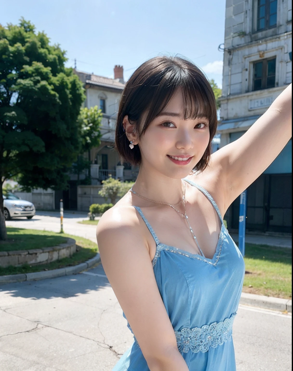 a woman posing on the street corner with light blue dress on, best quality, 1girl, large breasts, day, bright, blur background, bokeh, outdoor, (street:0.8), (people, crowds:1), (lace-trimmed dress:1.5, sleeveless dress, light blue clothes, light blue high-neck dress:1.2, blue dress: 1.5), gorgeous, (short hair, forehead:1.2), beautiful detailed sky, earrings, (dynamic pose:1.2), (upper body:0.8), soft lighting, wind, shiny skin, smile,