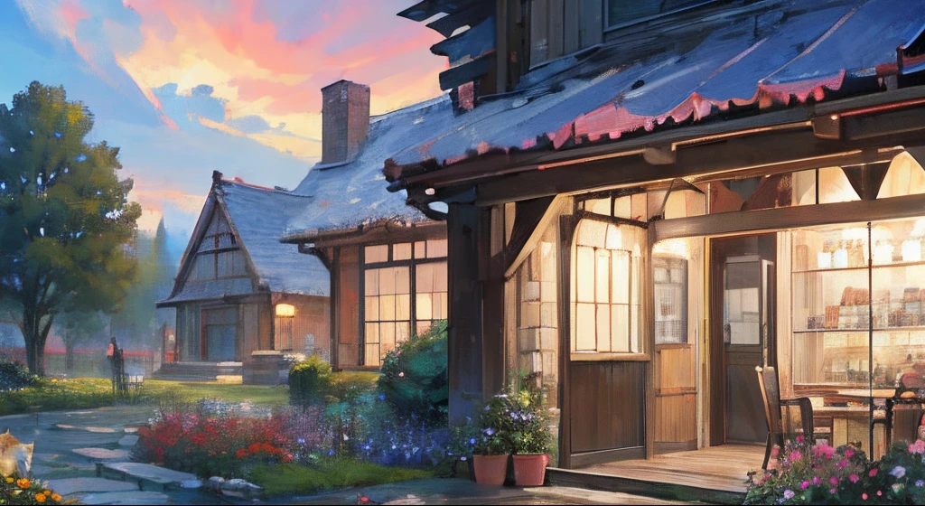 Masterpiece, best quality, official art, extremely detailed CG unity 8k wallpaper, outdoors, animals, spring \(seasons\), cloudy sky, studio ghibli, garden, village, (flowers), vending machine, cats