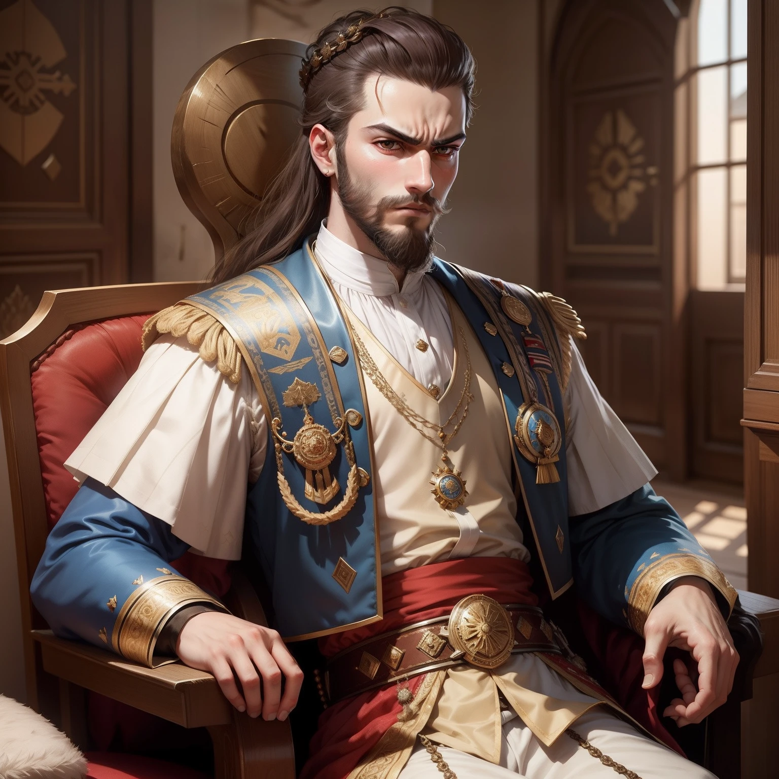 Create an image depicting a teenage Sultan suleiman ( a little beard in his stylish face and angry mood) in a historically accurate Sultan's outfit from the Ottoman era.