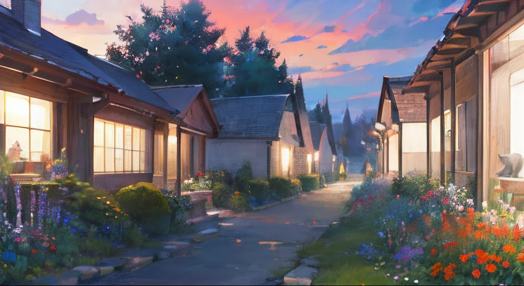 Masterpiece, best quality, official art, extremely detailed CG unity 8k wallpaper, outdoors, animals, spring \(seasons\), cloudy sky, studio ghibli, garden, village, (flowers), vending machine, cats
