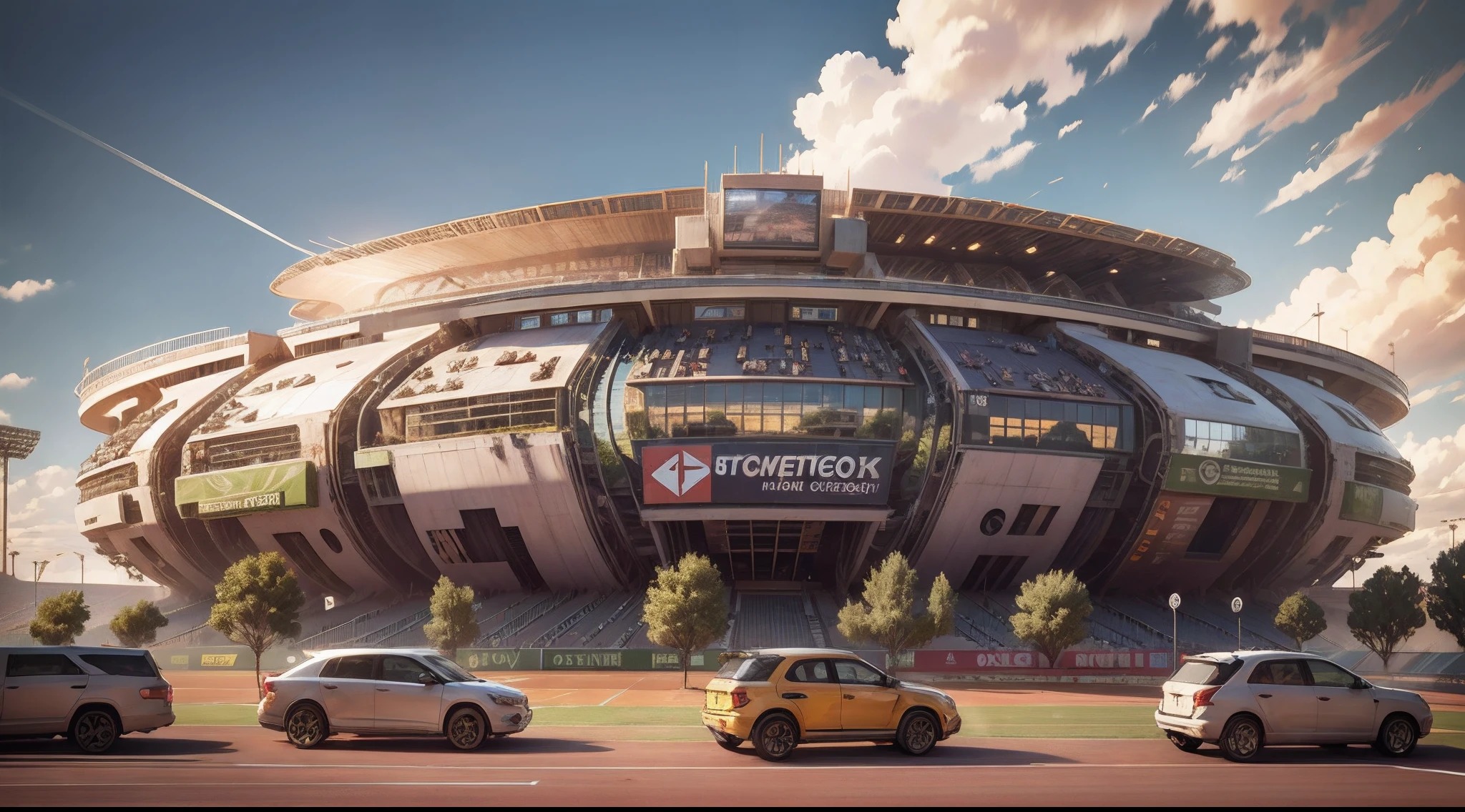 arafed view of a stadium with a lot of lights and a lot of cars, stadium, dramatic stadium lighting, soccer stadium, digital rendering, pre-rendered, stadium setting, wide angle exterior 2022, artistic rendering, stadium landscape, artistic render, rendering, futuristic sport arena, a digital rendering, detailed wide shot, art deco stadium, digital render --auto --s2