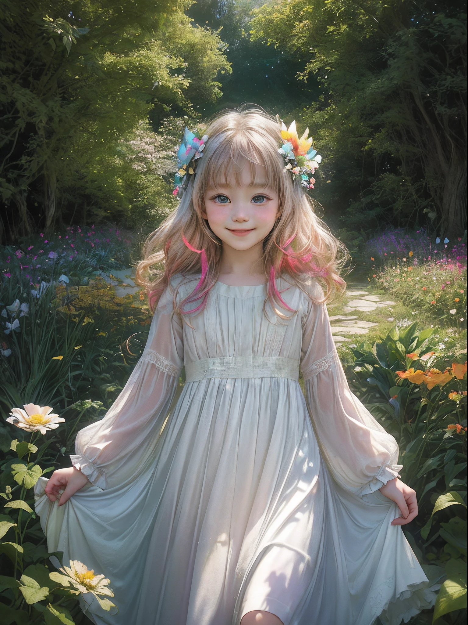 camera: professional DSLR camera, lens: Macro lens with a focal length of about 100mm (Masterpiece, high resolution, photo-realistic:1.4), (Cute Japanese child:1.2), (white flowy dress:1.2), (Run playfully in the garden:1.2), (Lush plants and colorful flowers:1.2), (Butterflies flutter around:1.2), (sunlitgarden:1.1), (Soft natural lighting:1.2), (Capture your child's happiness:1.2), (Curious smile:1.2), (Innocent expression:1.2), (Harmonious garden setting:1.1), (tranquil ambiance:1.1), (3:4 Aspect ratio:1.1), (Vivid colors:1.2), (captivating details:1.1), (Immersive depth of field:1.2), (Authentic cultural expressions:1.2), (Respect cultural background:1.1), (Praise the beauty of nature:1.1), (Precious moments:1.1).